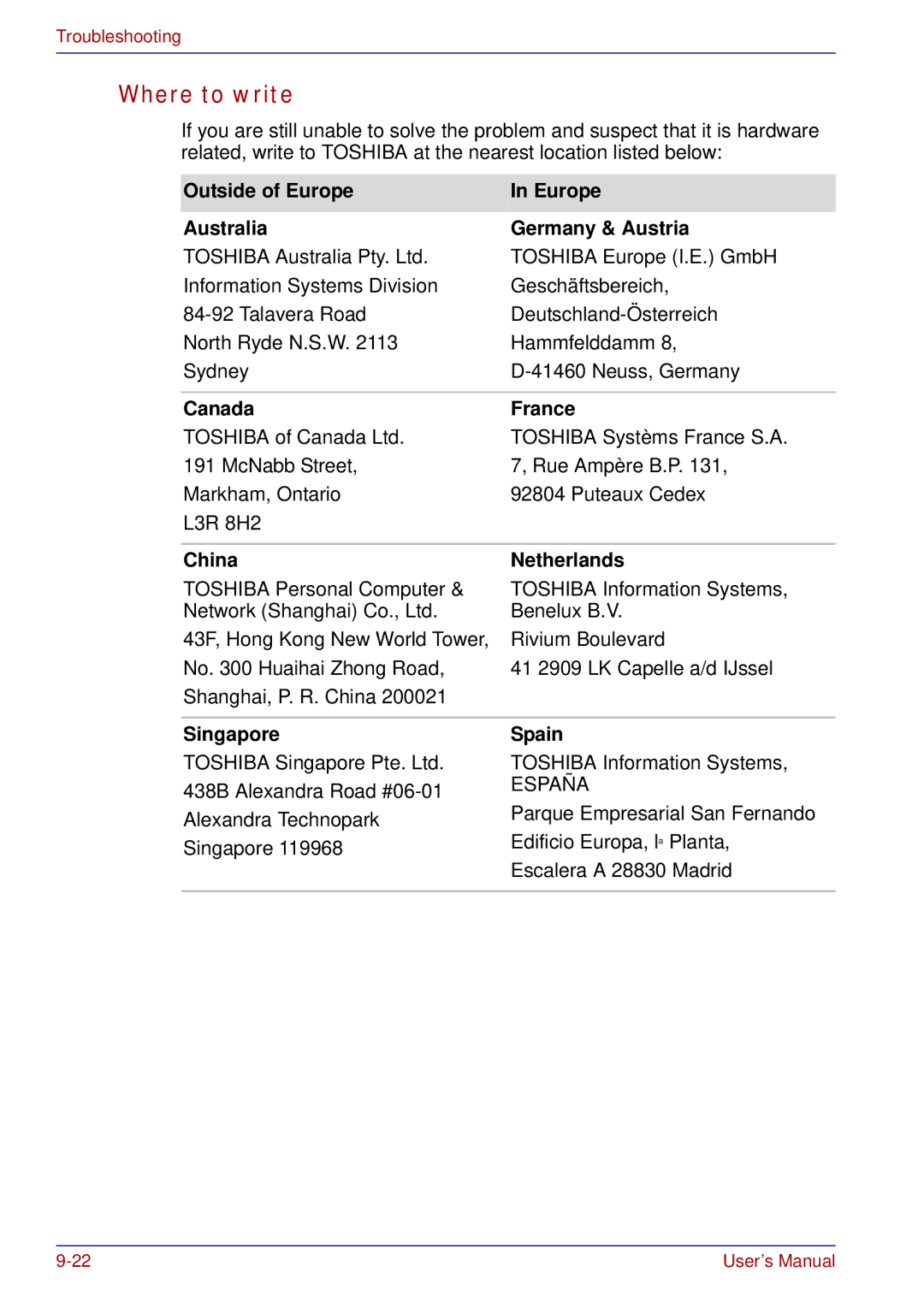 Toshiba tecra s3 manual Where to write, Outside of Europe Australia Germany & Austria, Canada France, China Netherlands 