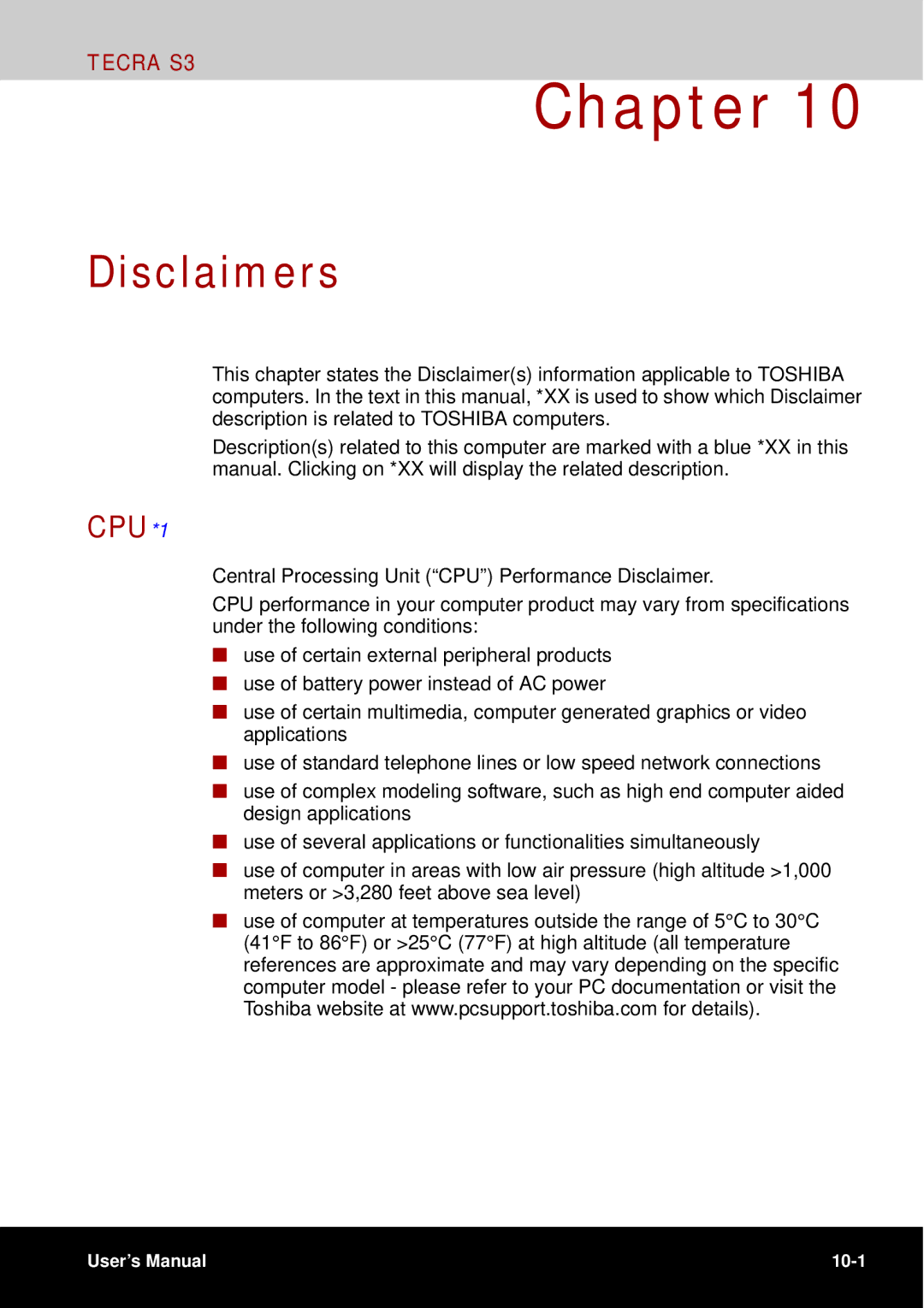 Toshiba tecra s3 manual Disclaimers, CPU*1 