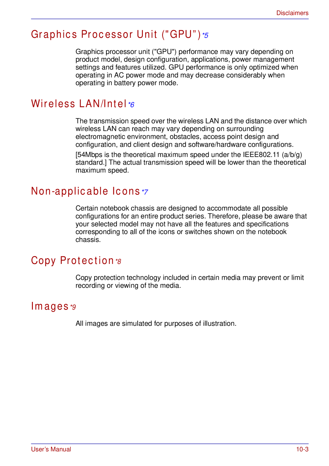 Toshiba tecra s3 Graphics Processor Unit GPU*5, Wireless LAN/Intel*6, Non-applicable Icons*7, Copy Protection*8, Images*9 