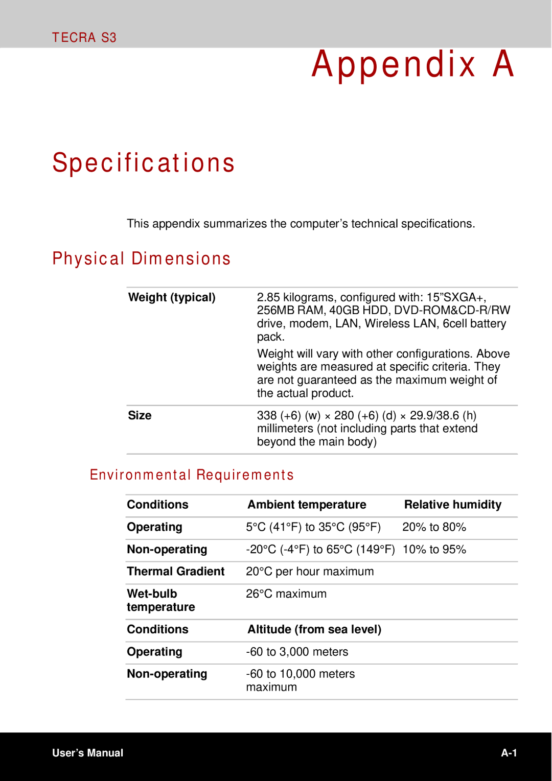 Toshiba tecra s3 manual Specifications, Physical Dimensions, Environmental Requirements 