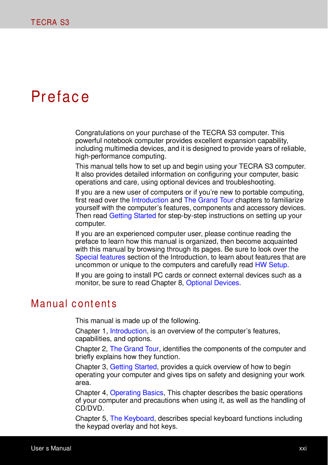 Toshiba tecra s3 manual Preface, Manual contents 