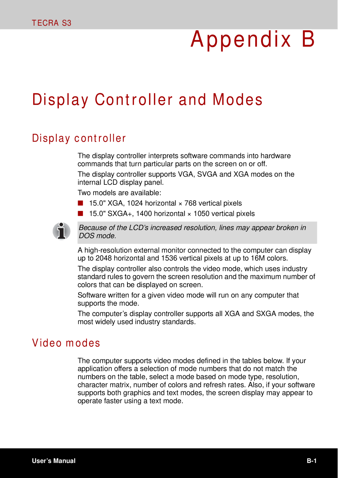 Toshiba tecra s3 manual Display Controller and Modes, Display controller, Video modes 