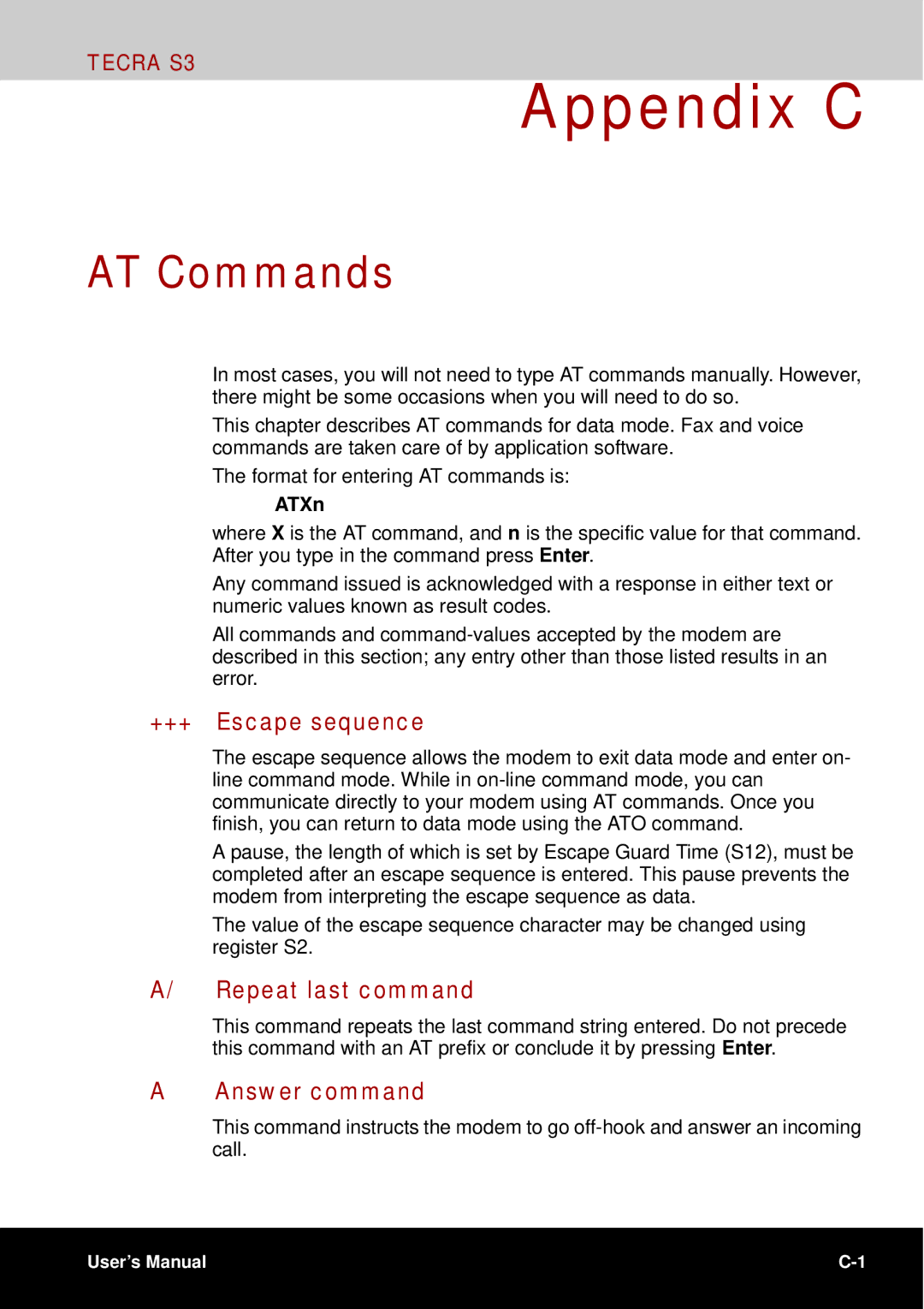 Toshiba tecra s3 manual AT Commands, +++ Escape sequence, Repeat last command, Answer command, ATXn 