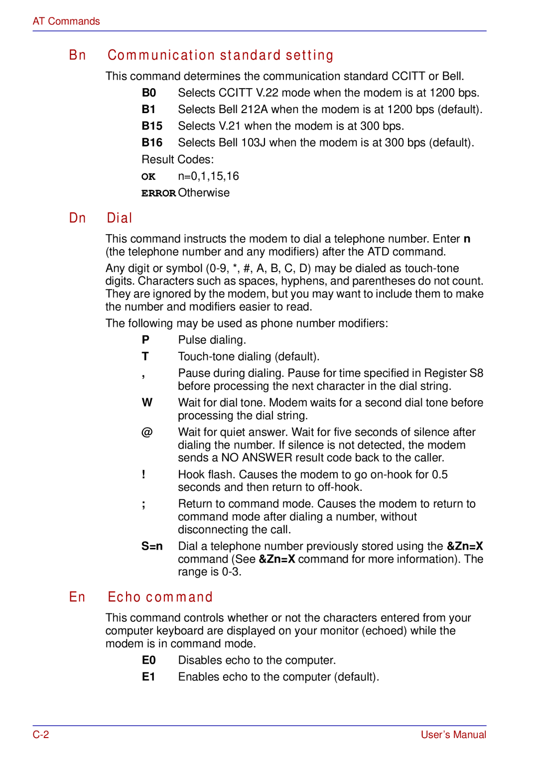 Toshiba tecra s3 manual Bn Communication standard setting, Dn Dial, En Echo command 