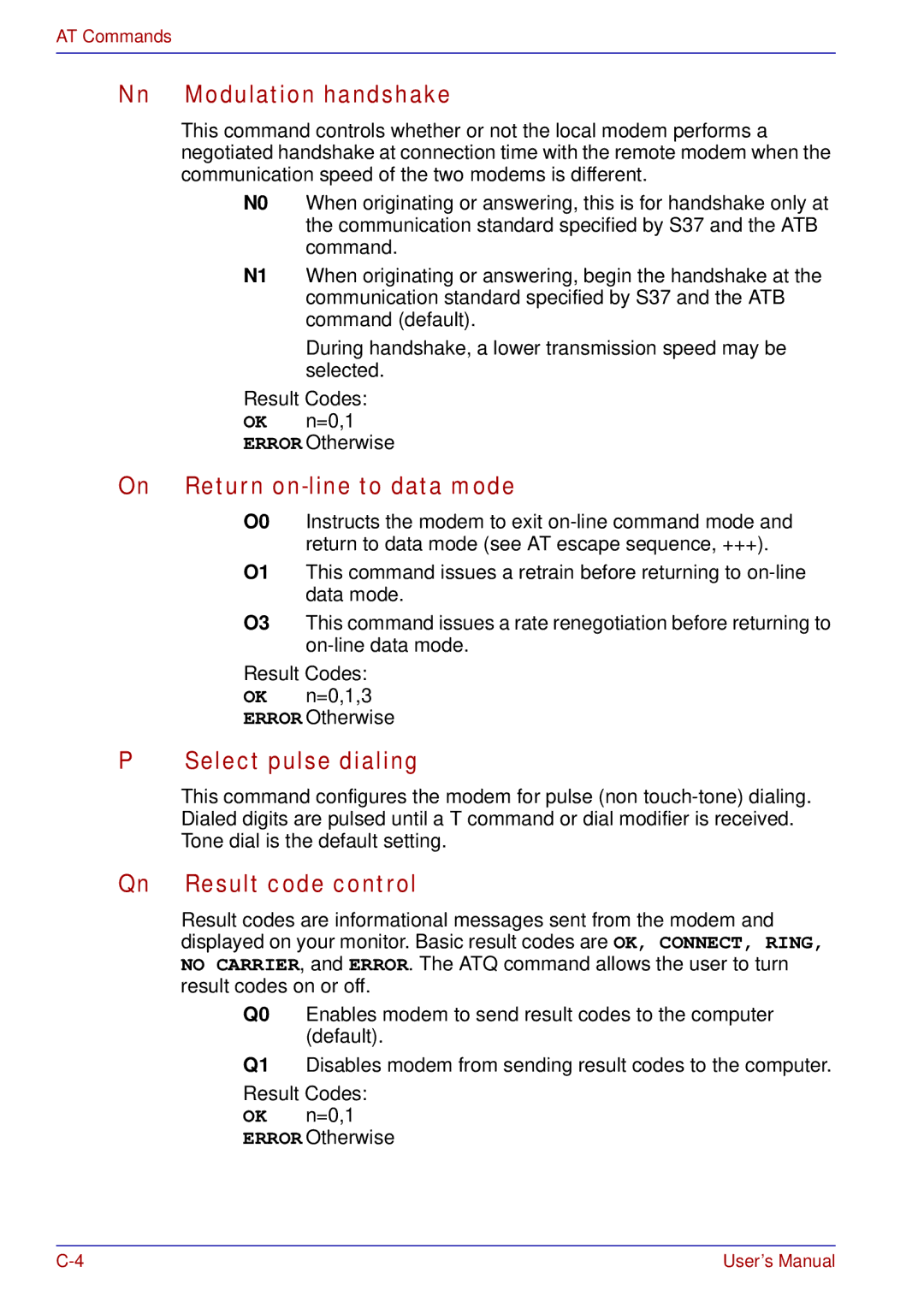 Toshiba tecra s3 manual Nn Modulation handshake, Return on-line to data mode, Select pulse dialing, Result code control 