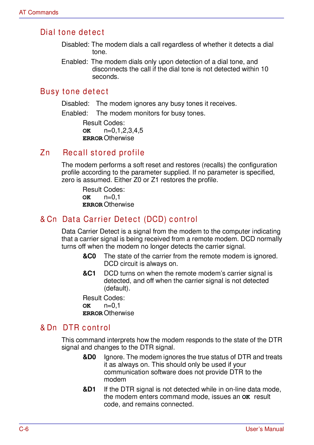 Toshiba tecra s3 manual Dial tone detect, Busy tone detect, Zn Recall stored profile, Cn Data Carrier Detect DCD control 