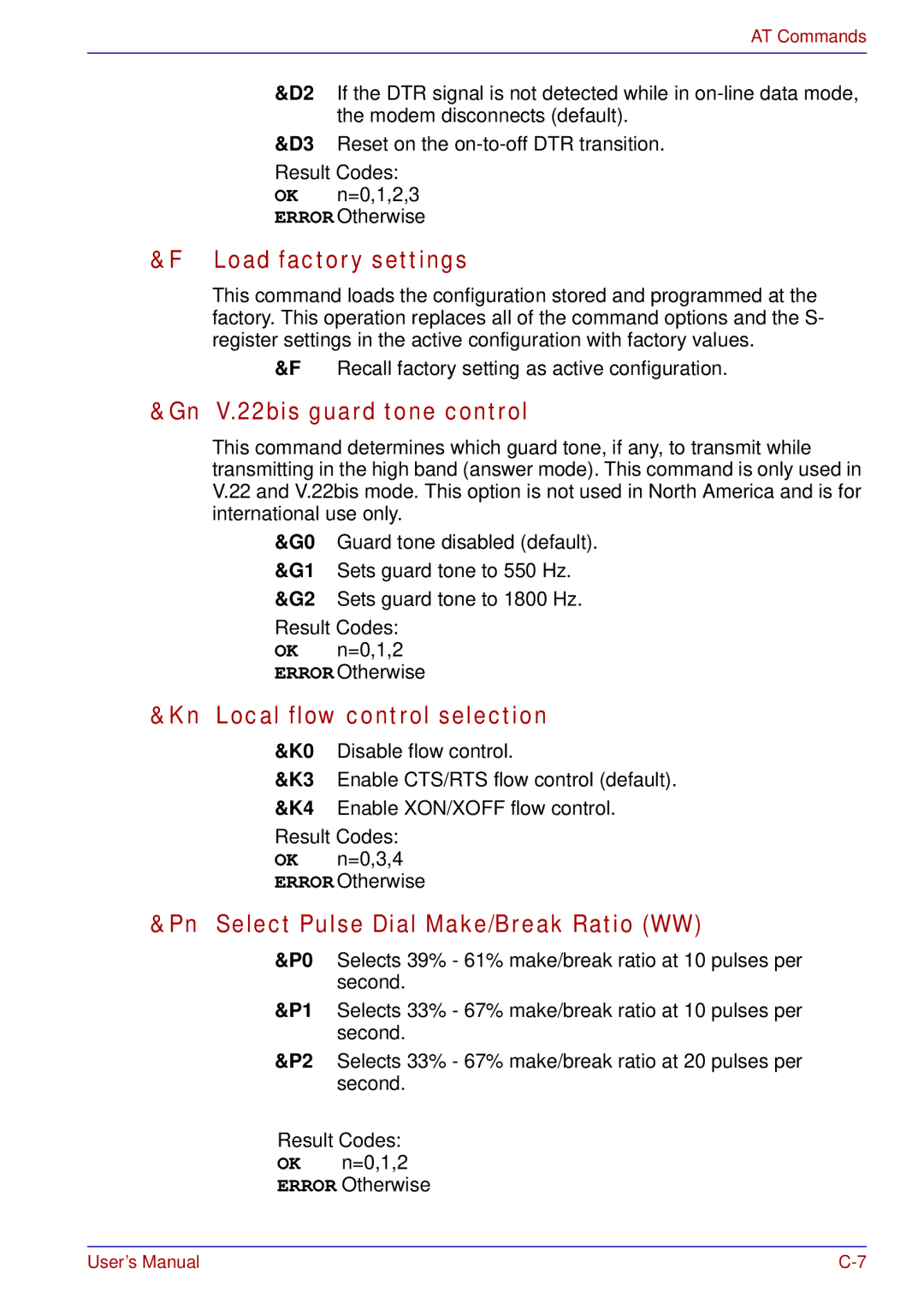 Toshiba tecra s3 manual Load factory settings, Gn V.22bis guard tone control, Kn Local flow control selection 