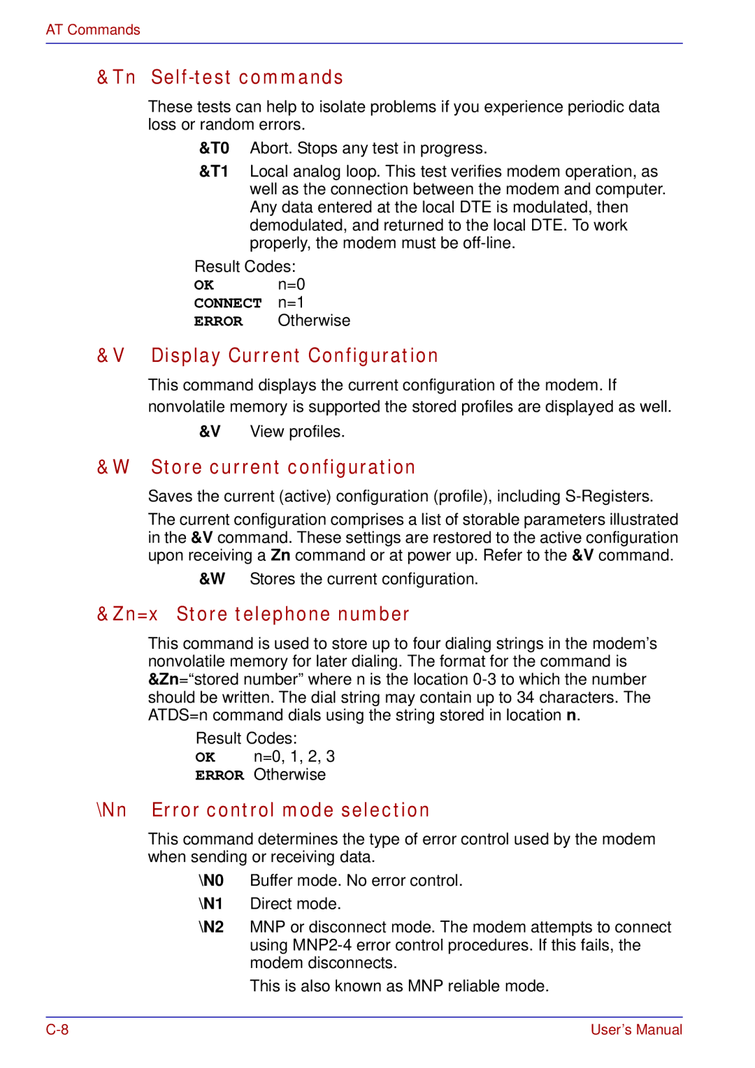 Toshiba tecra s3 manual Tn Self-test commands, Display Current Configuration, Store current configuration 