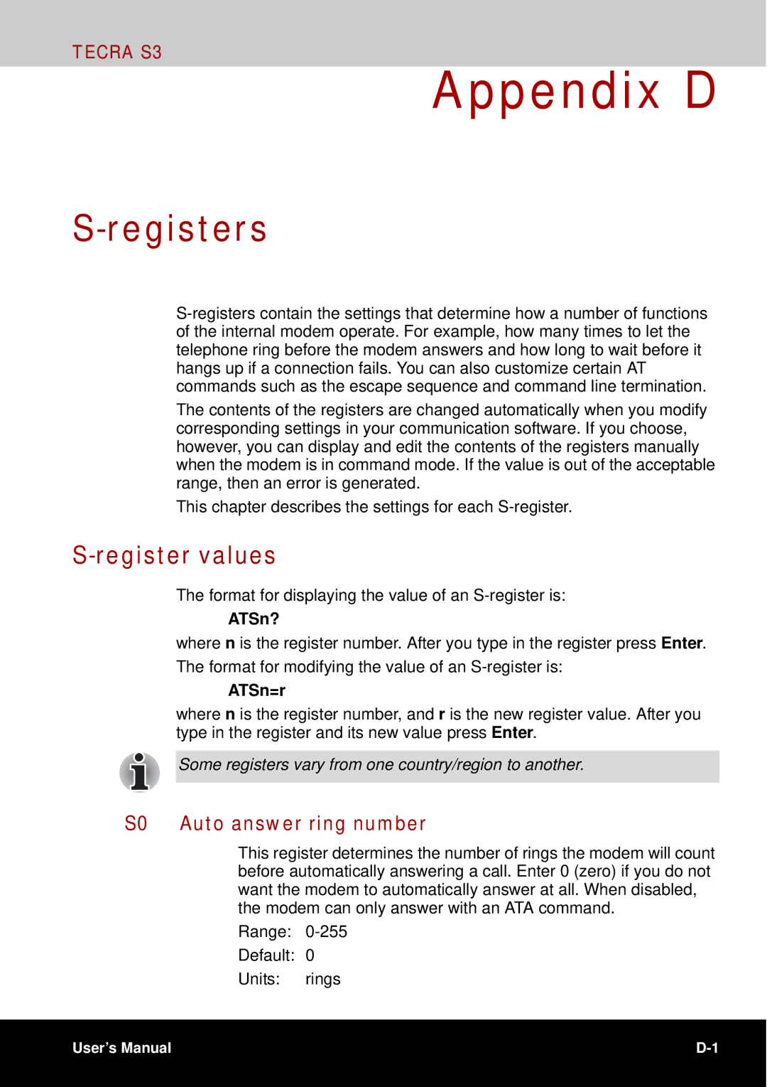 Toshiba tecra s3 manual Registers, Register values, S0 Auto answer ring number, ATSn?, ATSn=r 