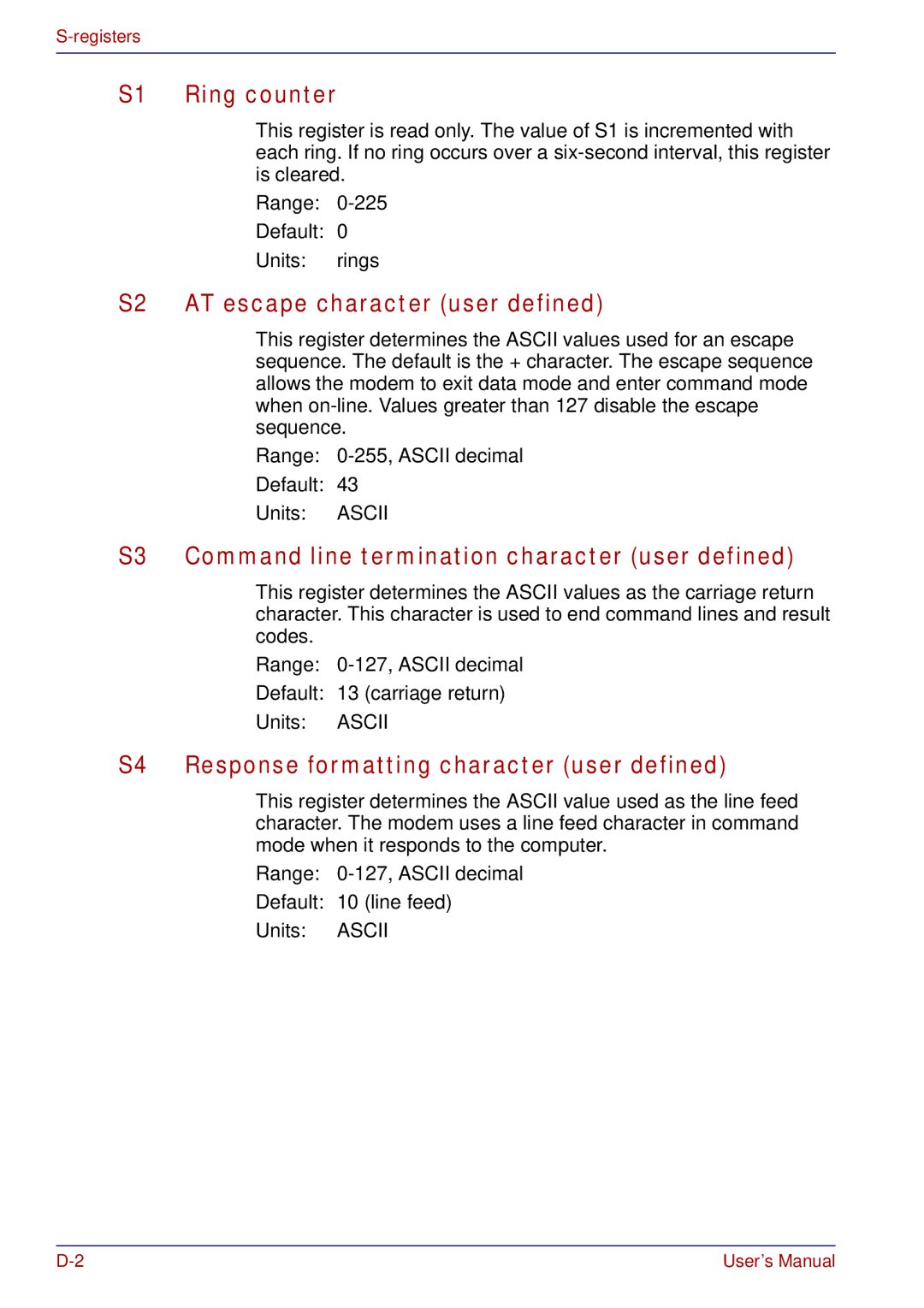 Toshiba tecra s3 S1 Ring counter, S2 AT escape character user defined, S3 Command line termination character user defined 