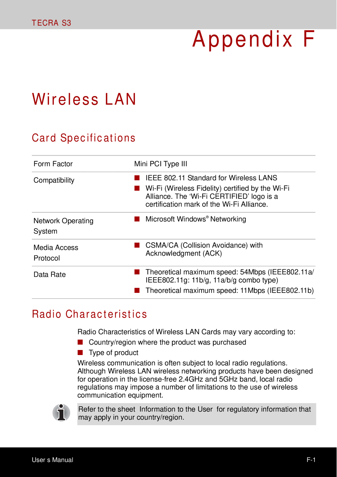 Toshiba tecra s3 manual Wireless LAN, Card Specifications, Radio Characteristics 