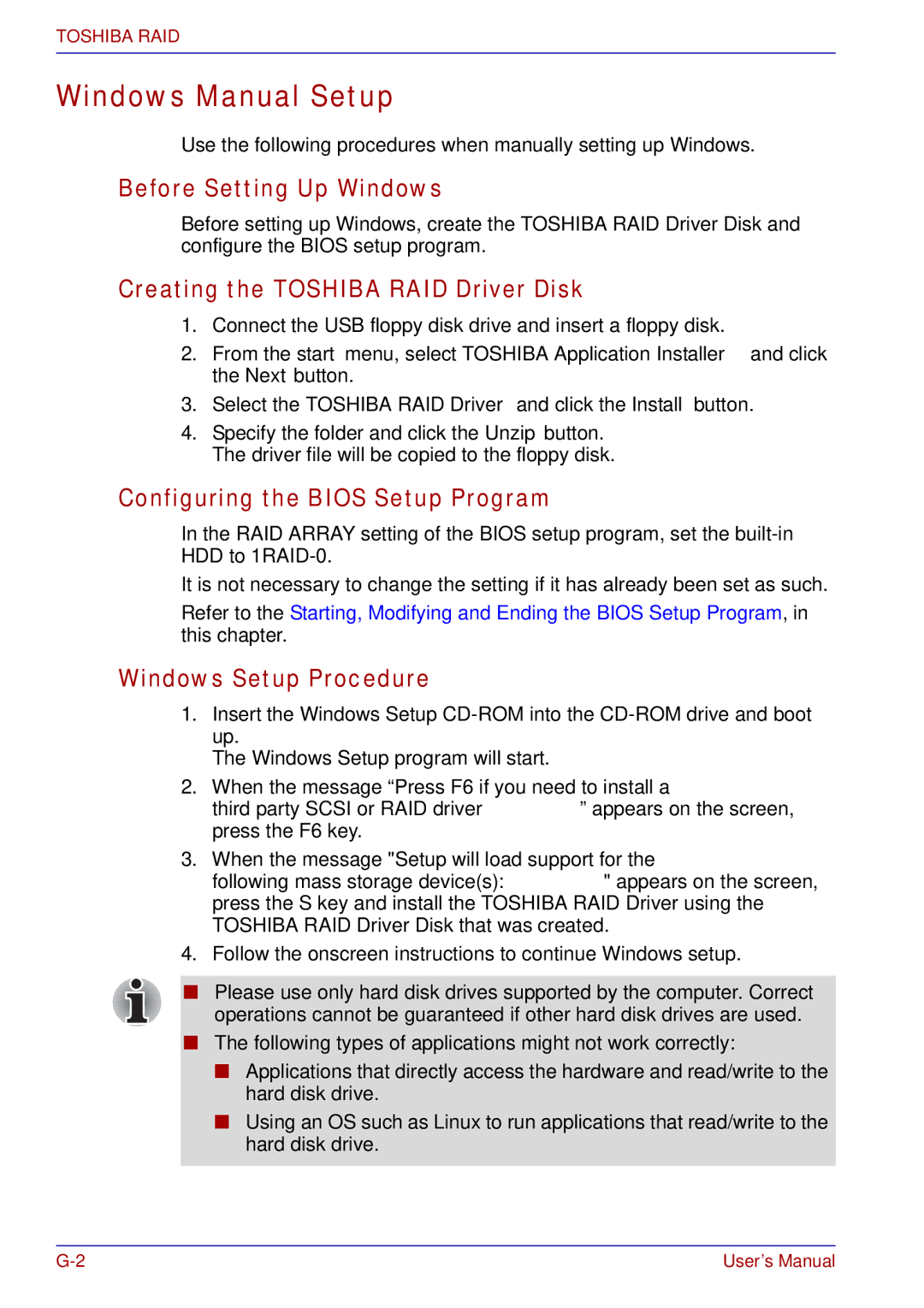 Toshiba tecra s3 manual Windows Manual Setup, Before Setting Up Windows, Creating the Toshiba RAID Driver Disk 