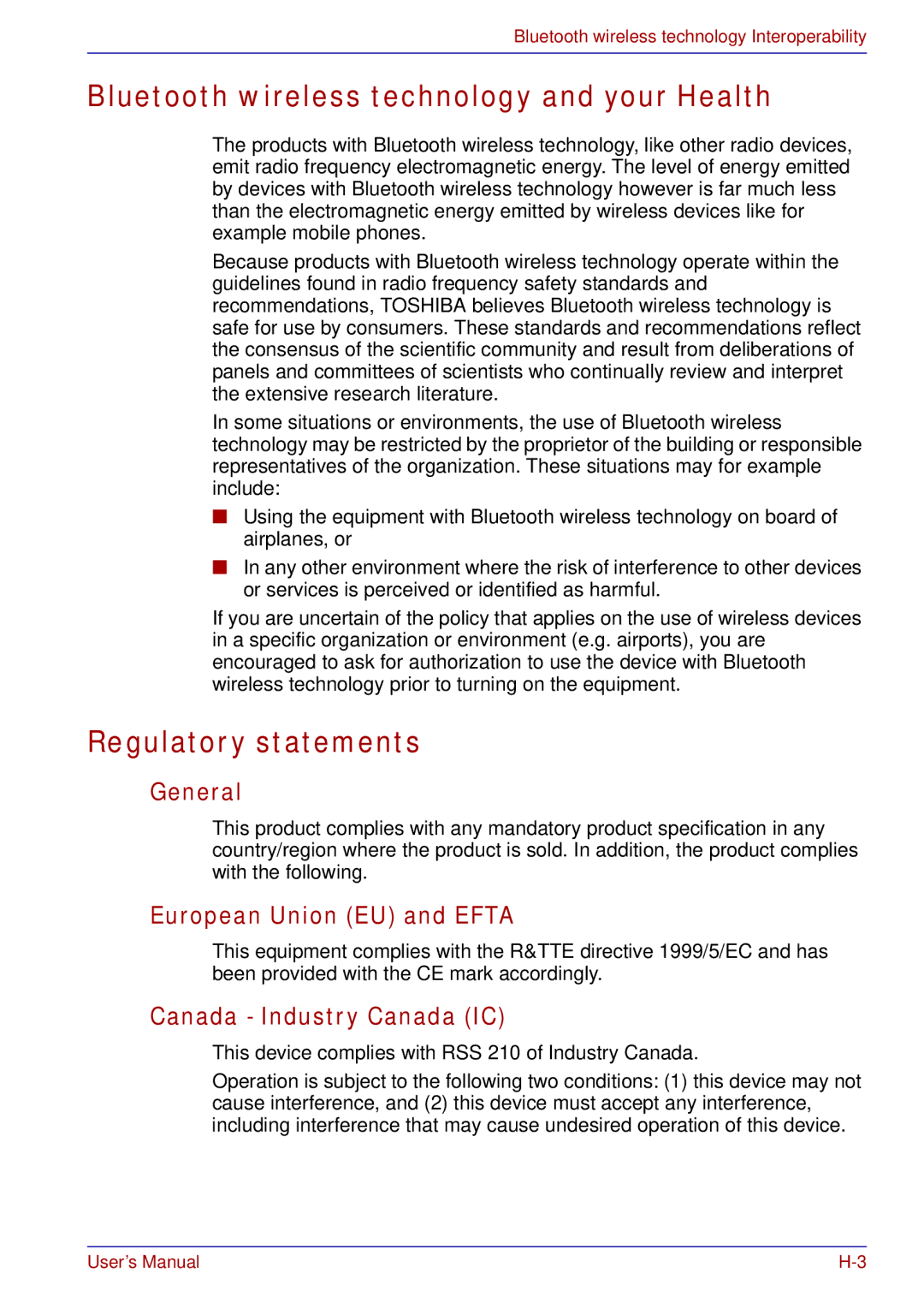 Toshiba tecra s3 Bluetooth wireless technology and your Health, Regulatory statements, General, European Union EU and Efta 