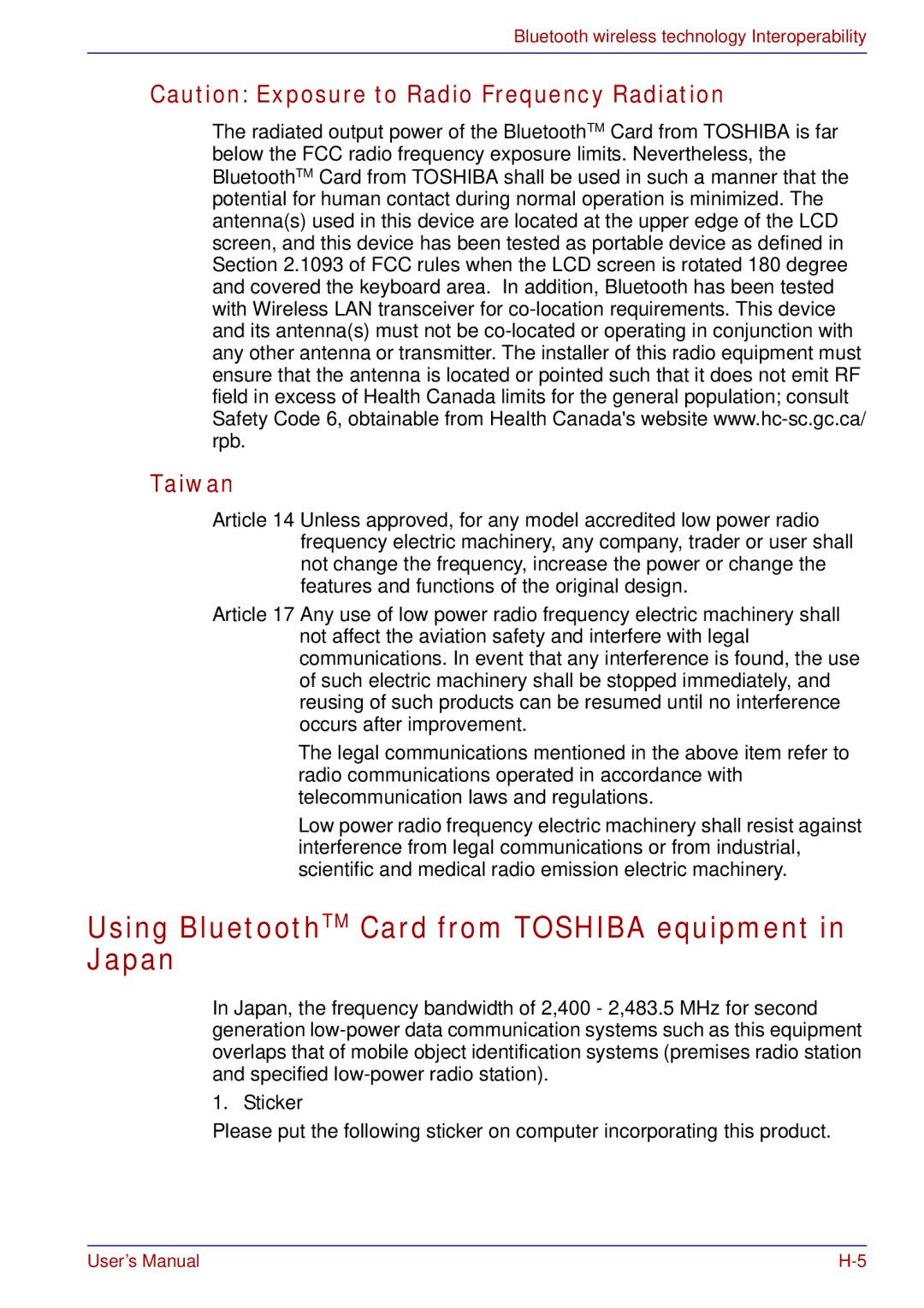 Toshiba tecra s3 manual Using BluetoothTM Card from Toshiba equipment in Japan, Taiwan 