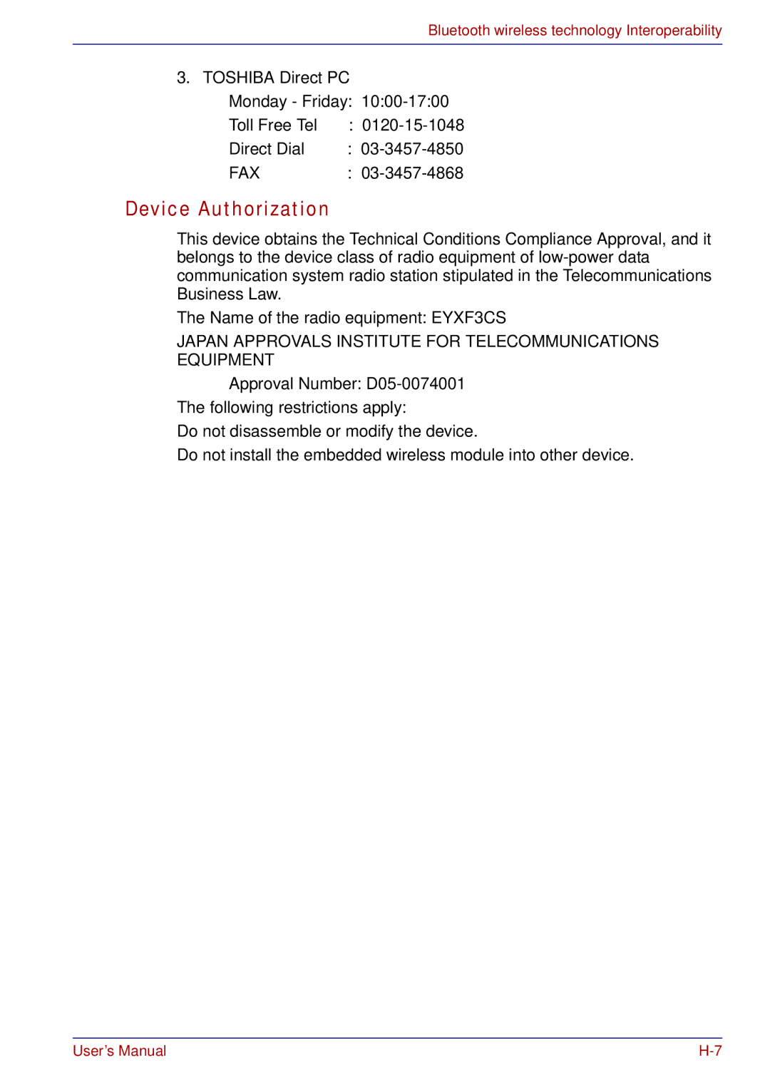 Toshiba tecra s3 manual Device Authorization, Japan Approvals Institute for Telecommunications Equipment 