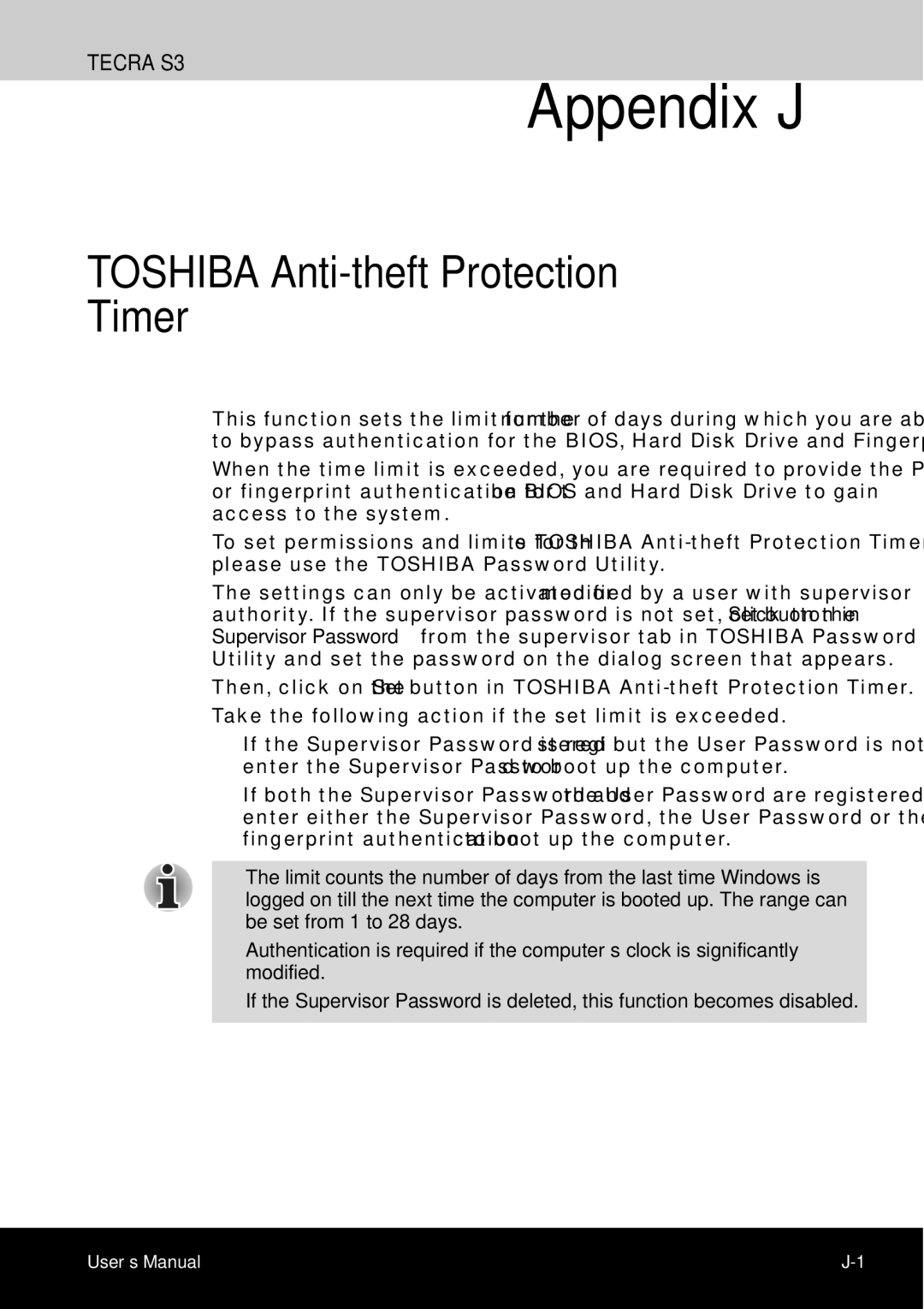 Toshiba tecra s3 manual Appendix J, Toshiba Anti-theft Protection Timer 