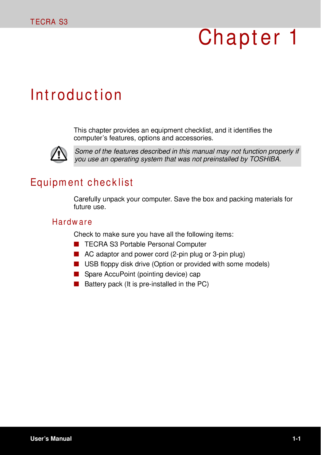 Toshiba tecra s3 manual Introduction, Equipment checklist, Hardware 