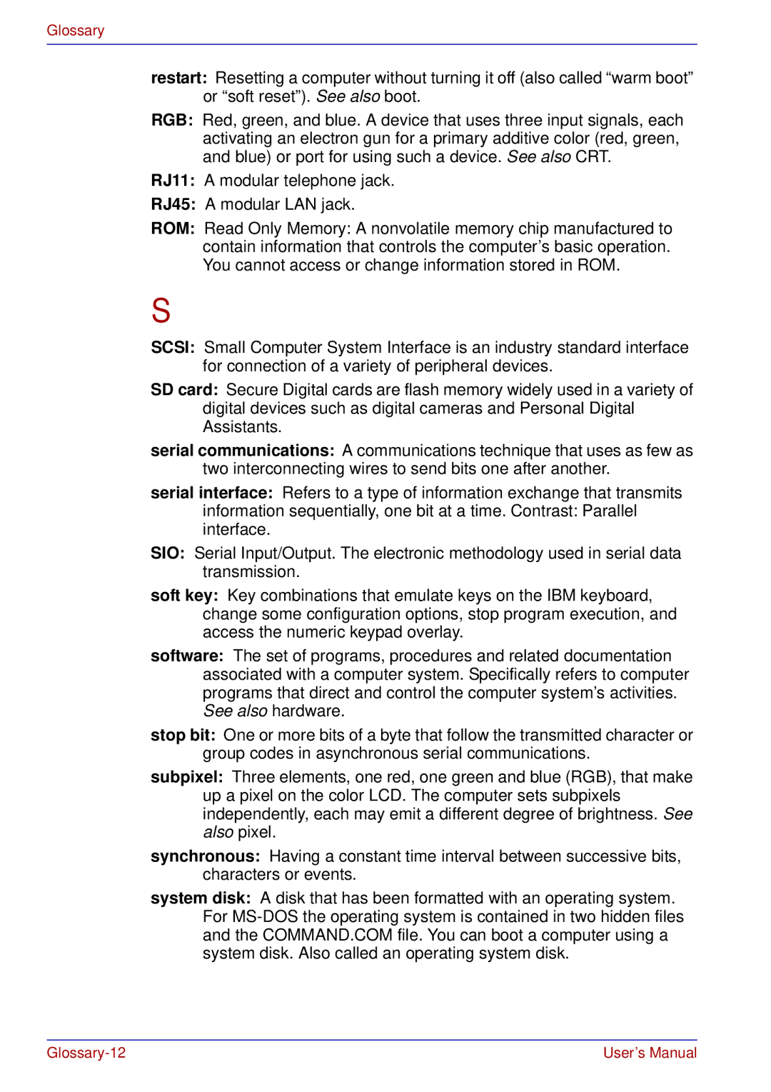 Toshiba tecra s3 manual Glossary-12 User’s Manual 