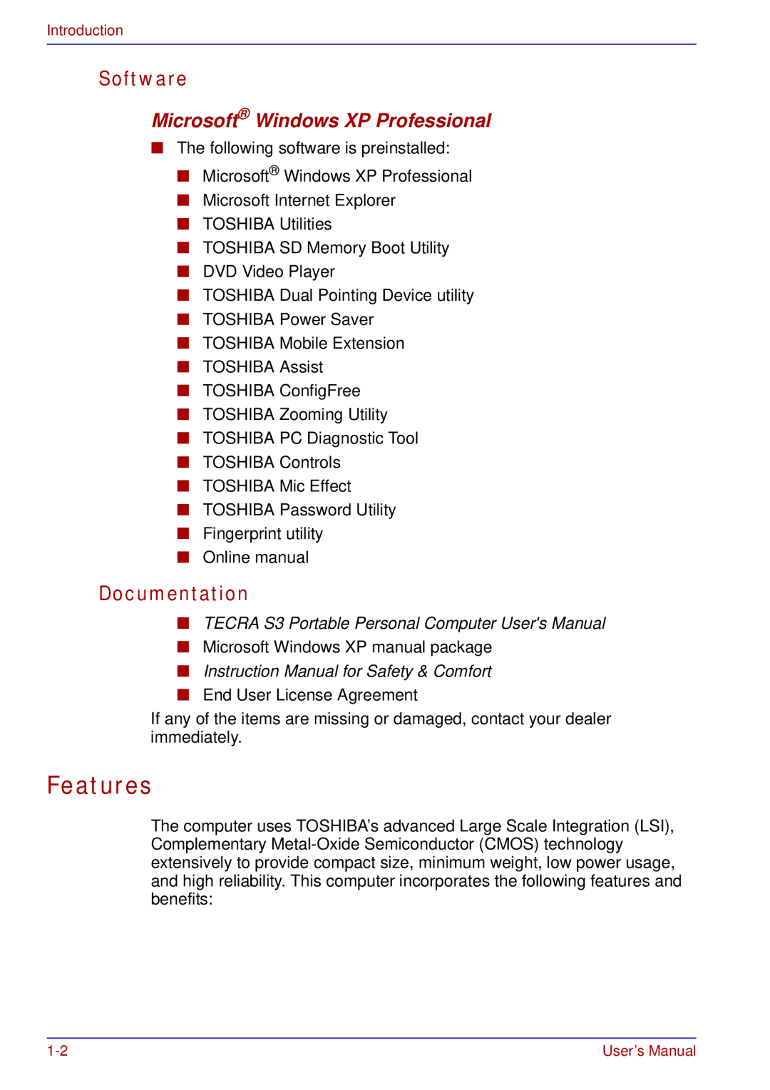 Toshiba tecra s3 manual Features, Software, Documentation, Microsoft Windows XP Professional 