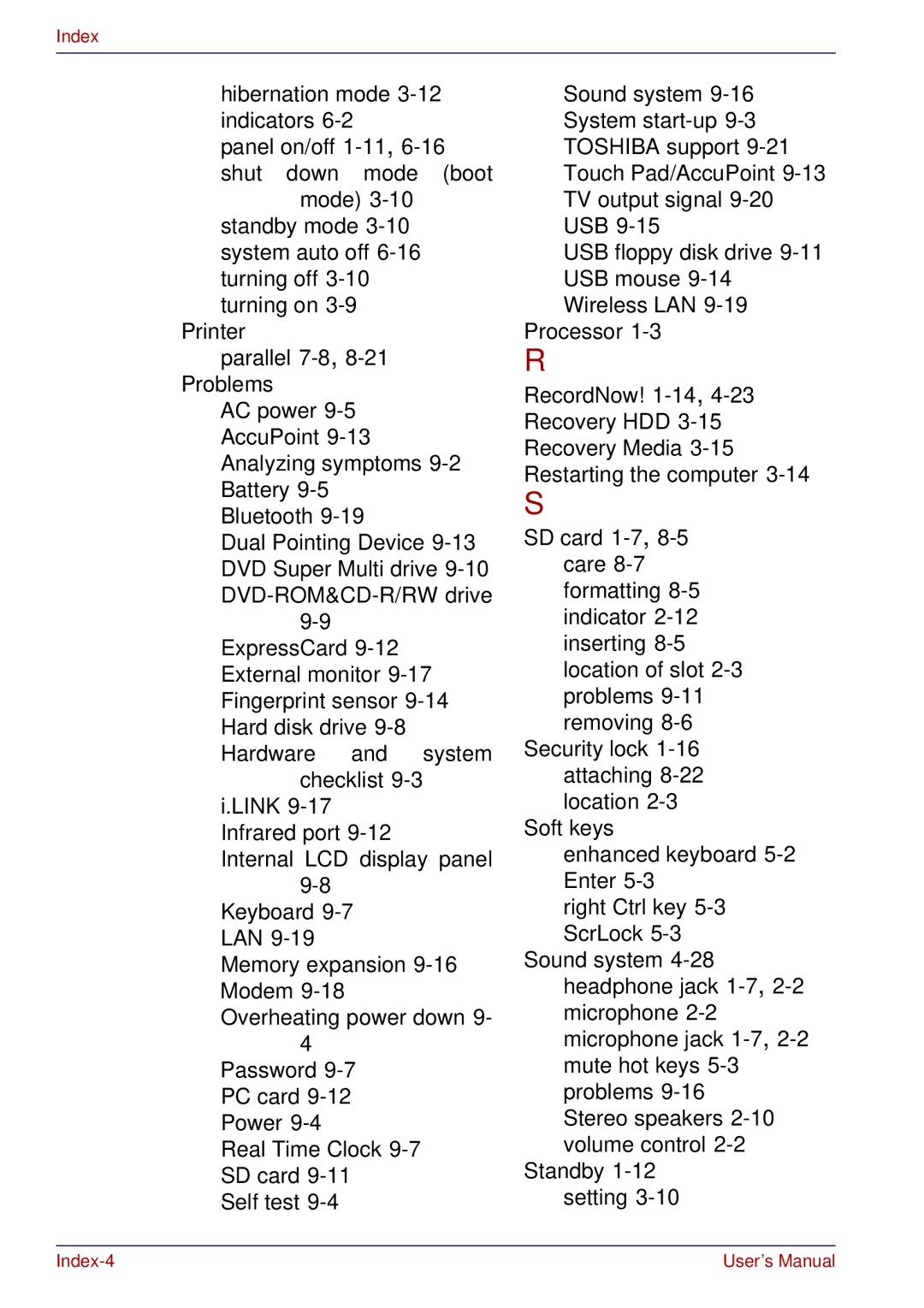 Toshiba tecra s3 manual Index-4 User’s Manual 