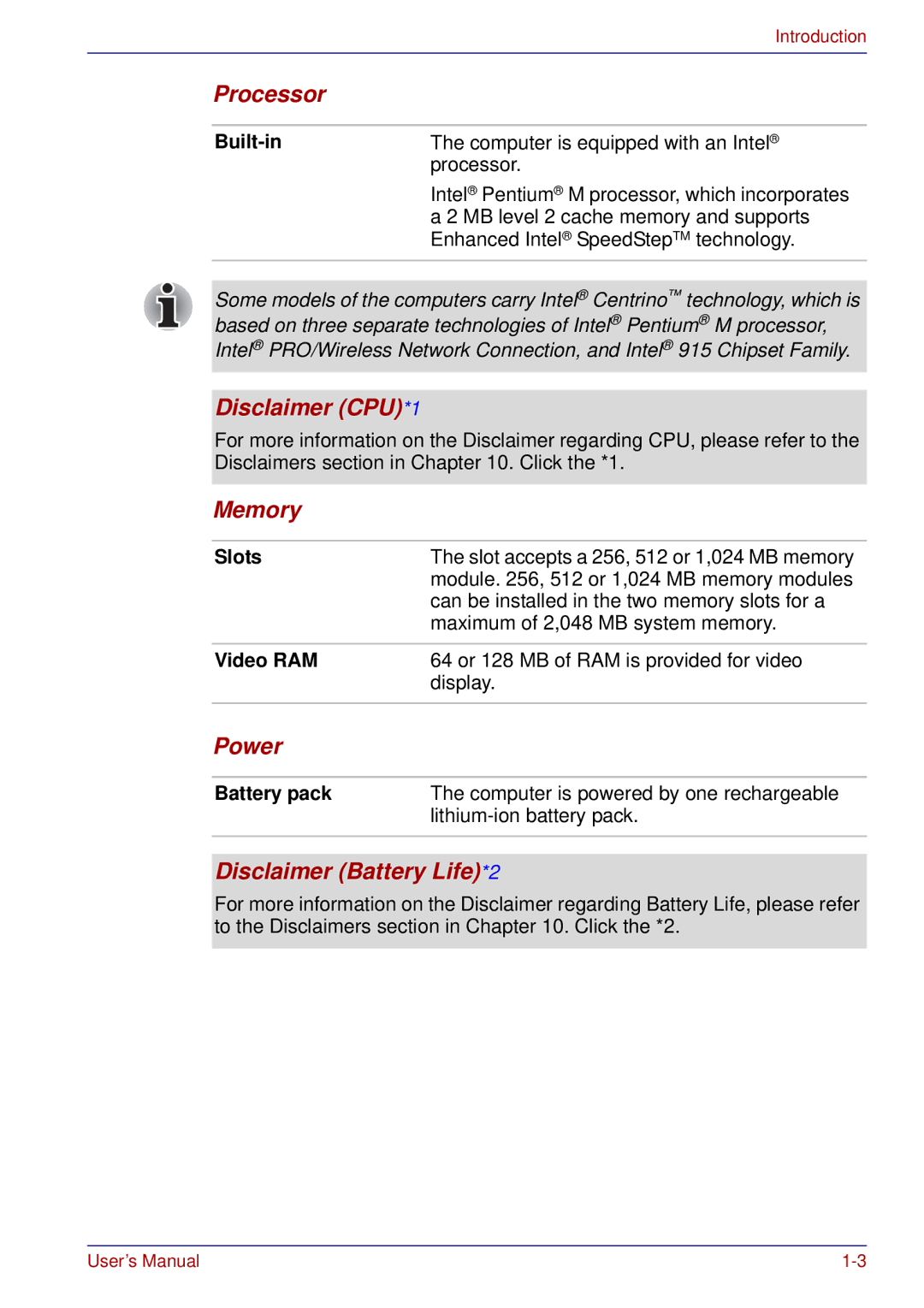 Toshiba tecra s3 manual Processor, Disclaimer CPU*1, Memory, Power, Disclaimer Battery Life*2 