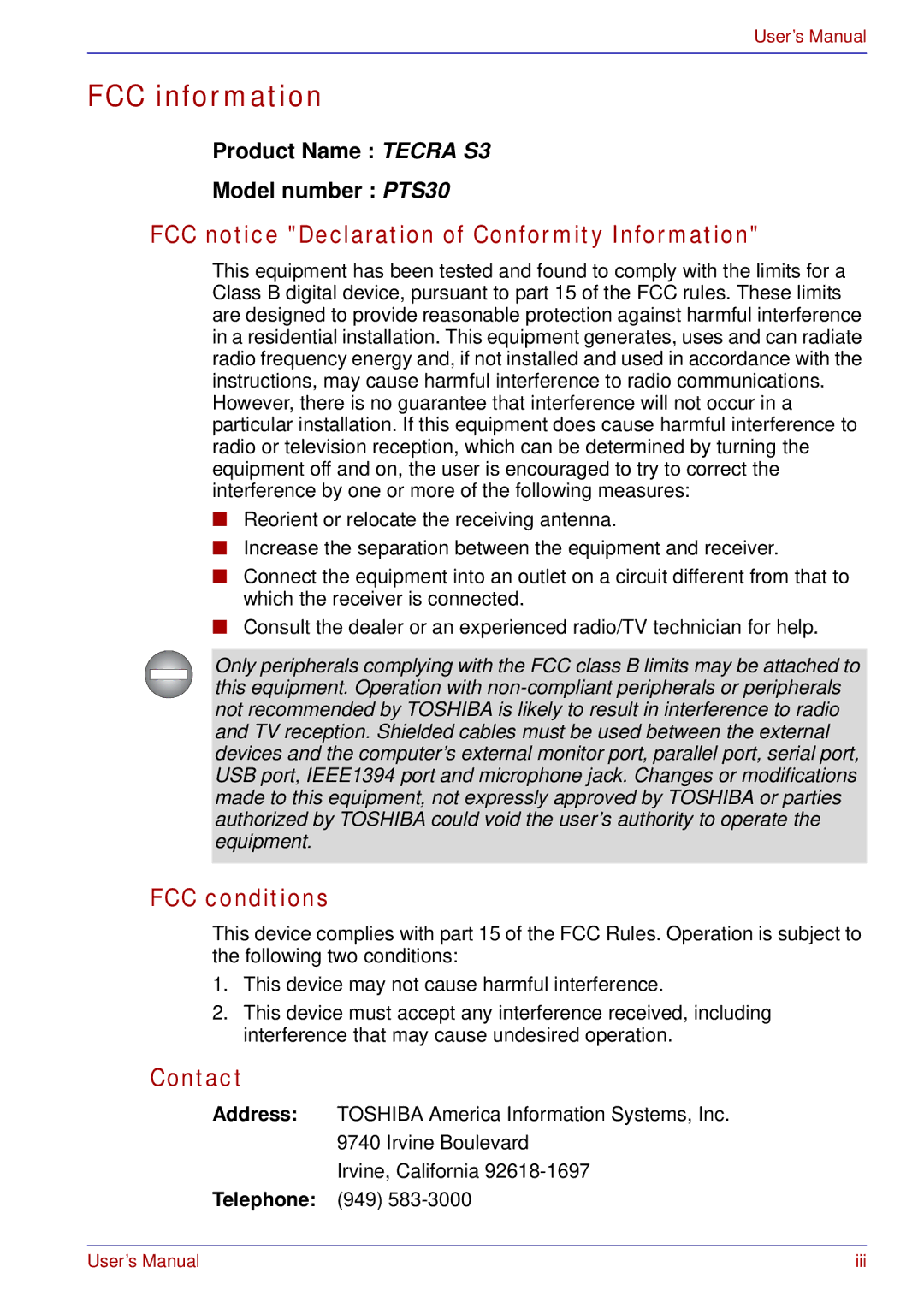 Toshiba tecra s3 manual FCC information, FCC notice Declaration of Conformity Information, FCC conditions, Contact 