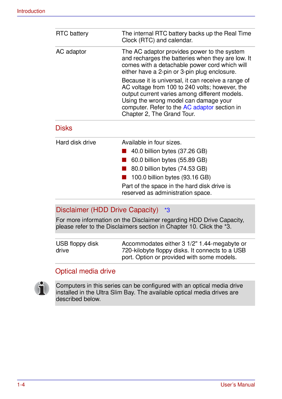 Toshiba tecra s3 manual Disks, Disclaimer HDD Drive Capacity*3, Optical media drive, RTC battery, Hard disk drive 