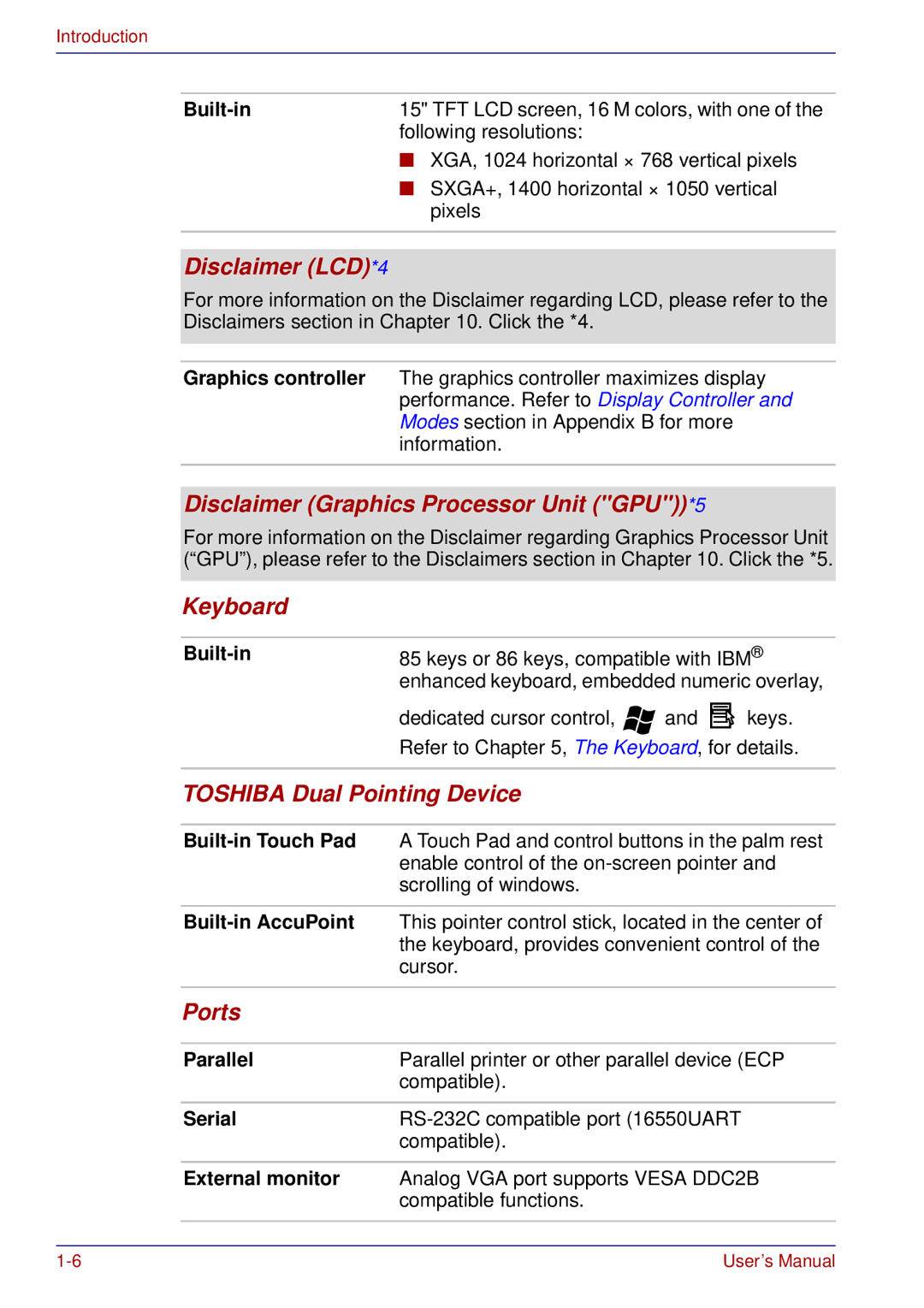 Toshiba tecra s3 Disclaimer LCD*4, Disclaimer Graphics Processor Unit GPU*5, Keyboard, Toshiba Dual Pointing Device, Ports 