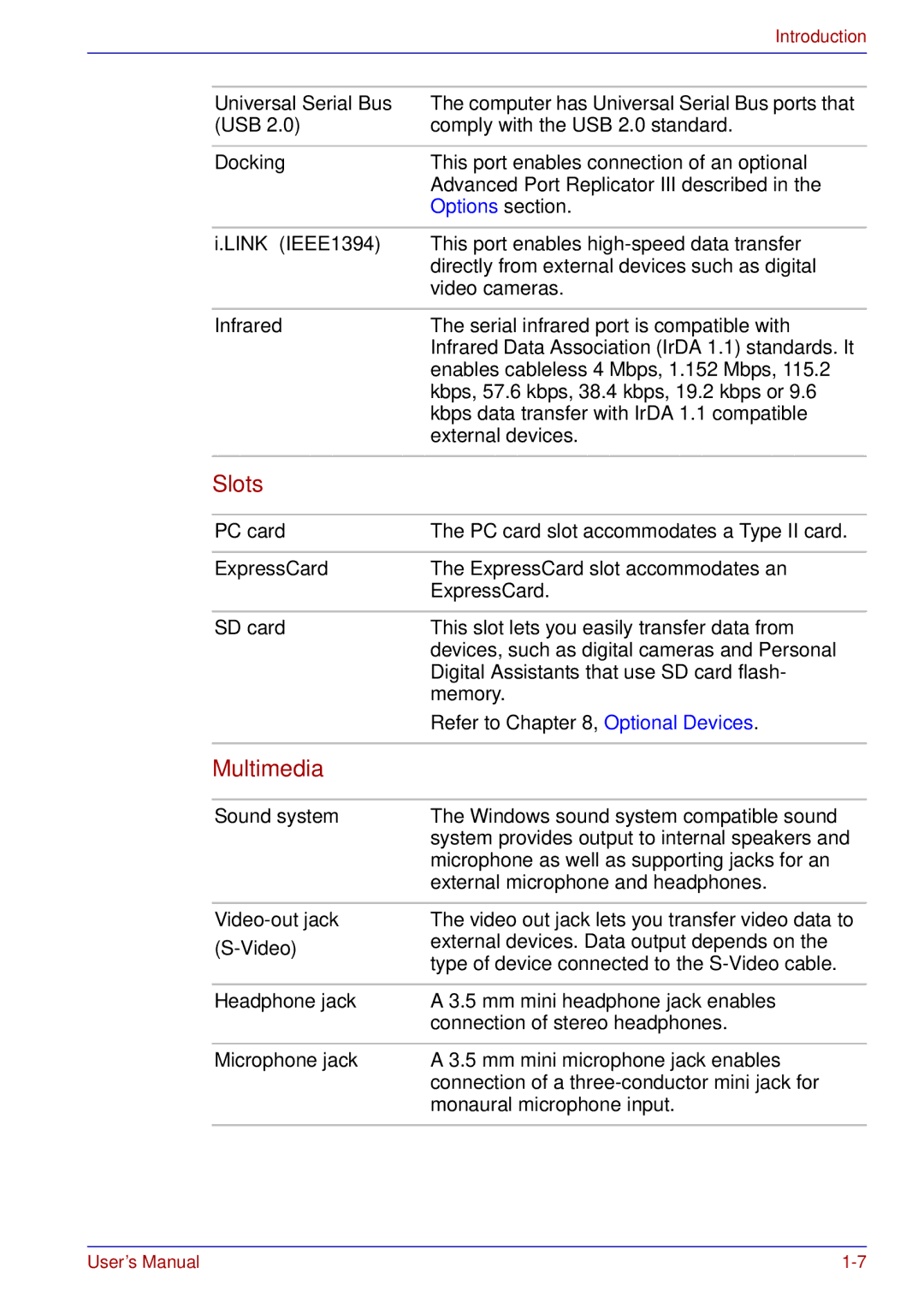 Toshiba tecra s3 manual Slots, Multimedia 