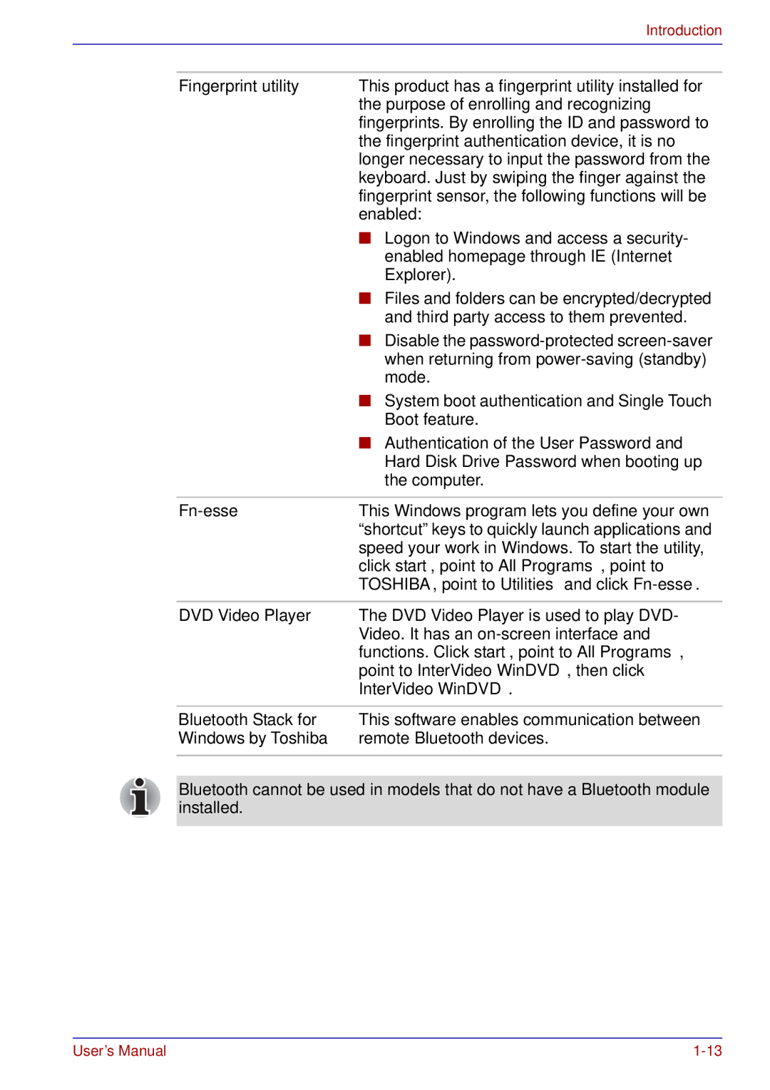 Toshiba tecra s3 manual Fingerprint utility, TOSHIBA, point to Utilities and click Fn-esse, DVD Video Player 