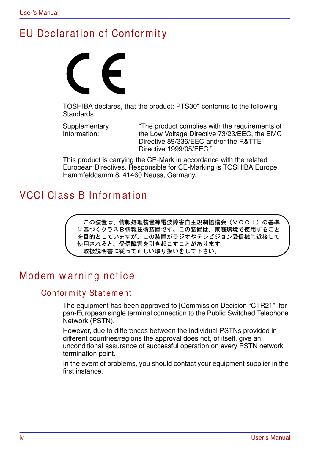 Toshiba tecra s3 manual EU Declaration of Conformity, Vcci Class B Information Modem warning notice, Conformity Statement 