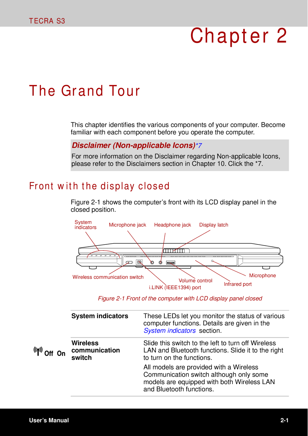 Toshiba tecra s3 manual Grand Tour, Front with the display closed, Disclaimer Non-applicable Icons*7, System indicators 