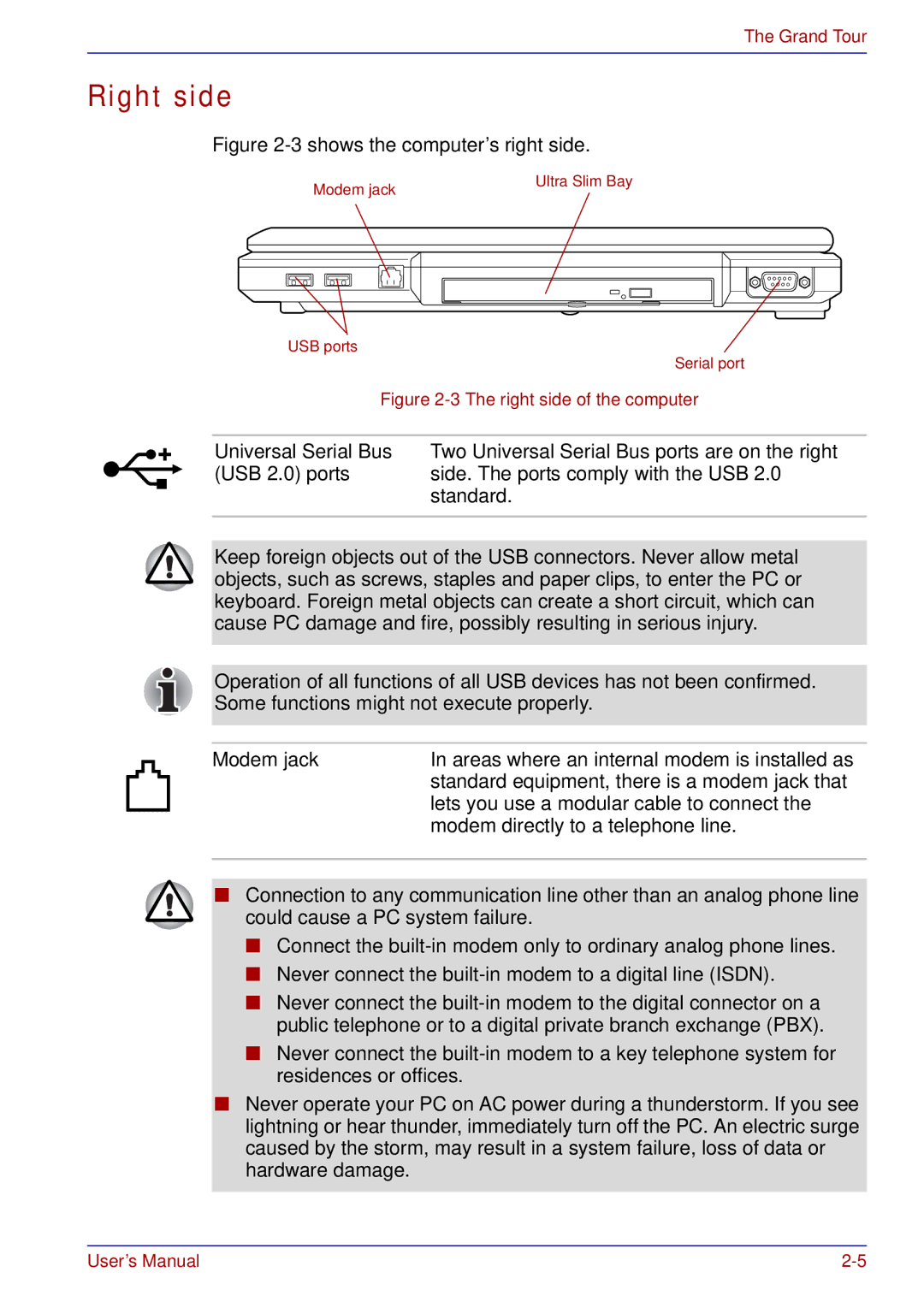 Toshiba tecra s3 manual Right side, Modem jack 