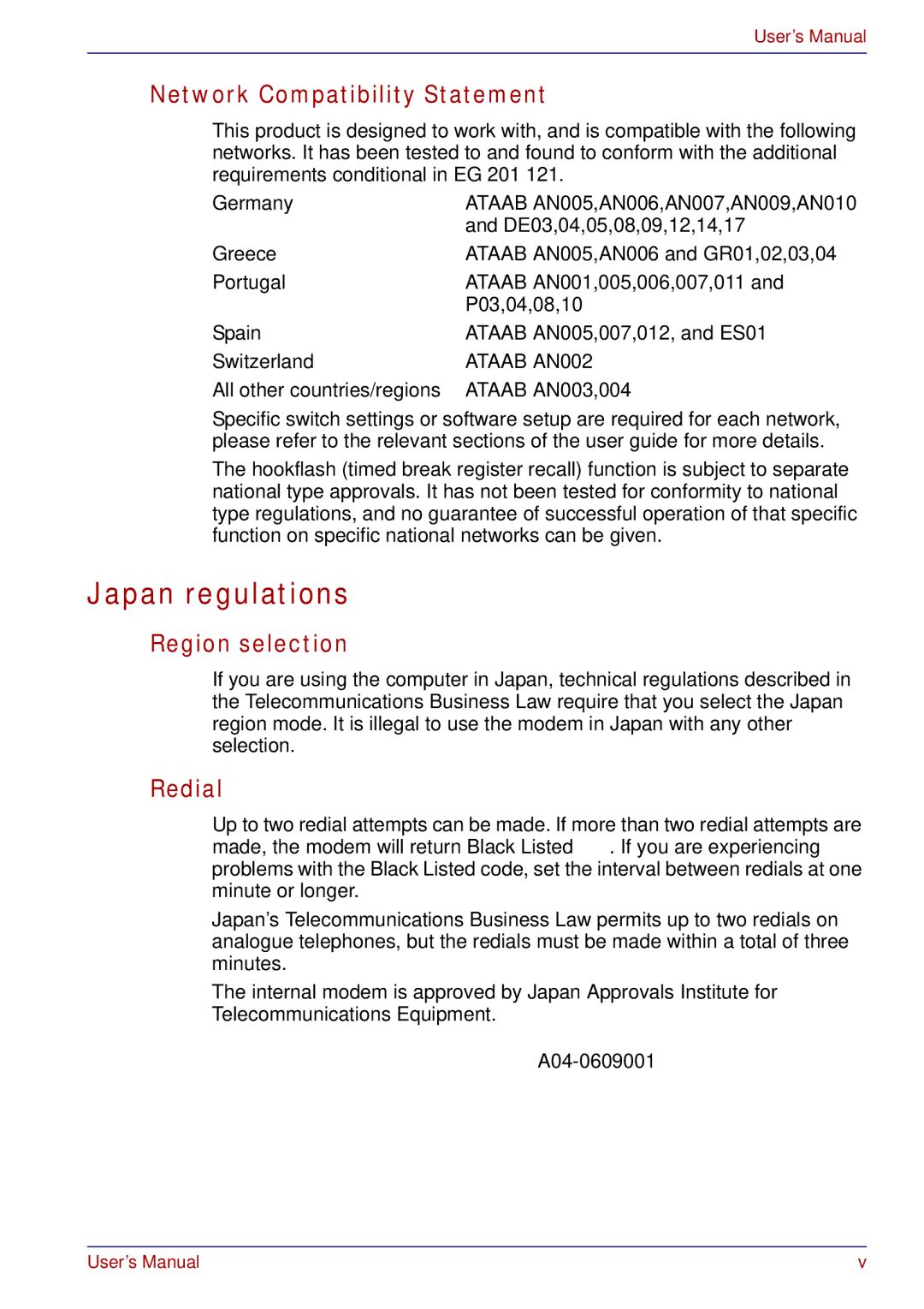 Toshiba tecra s3 manual Japan regulations, Network Compatibility Statement, Region selection, Redial 