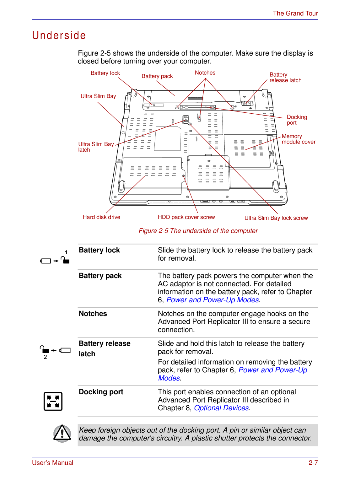 Toshiba tecra s3 manual Underside, Battery lock, Notches, Battery release latch, Docking port 