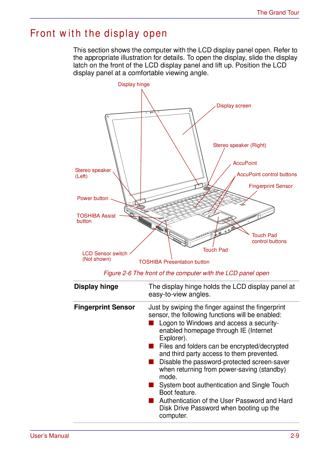 Toshiba tecra s3 manual Front with the display open, Display hinge 