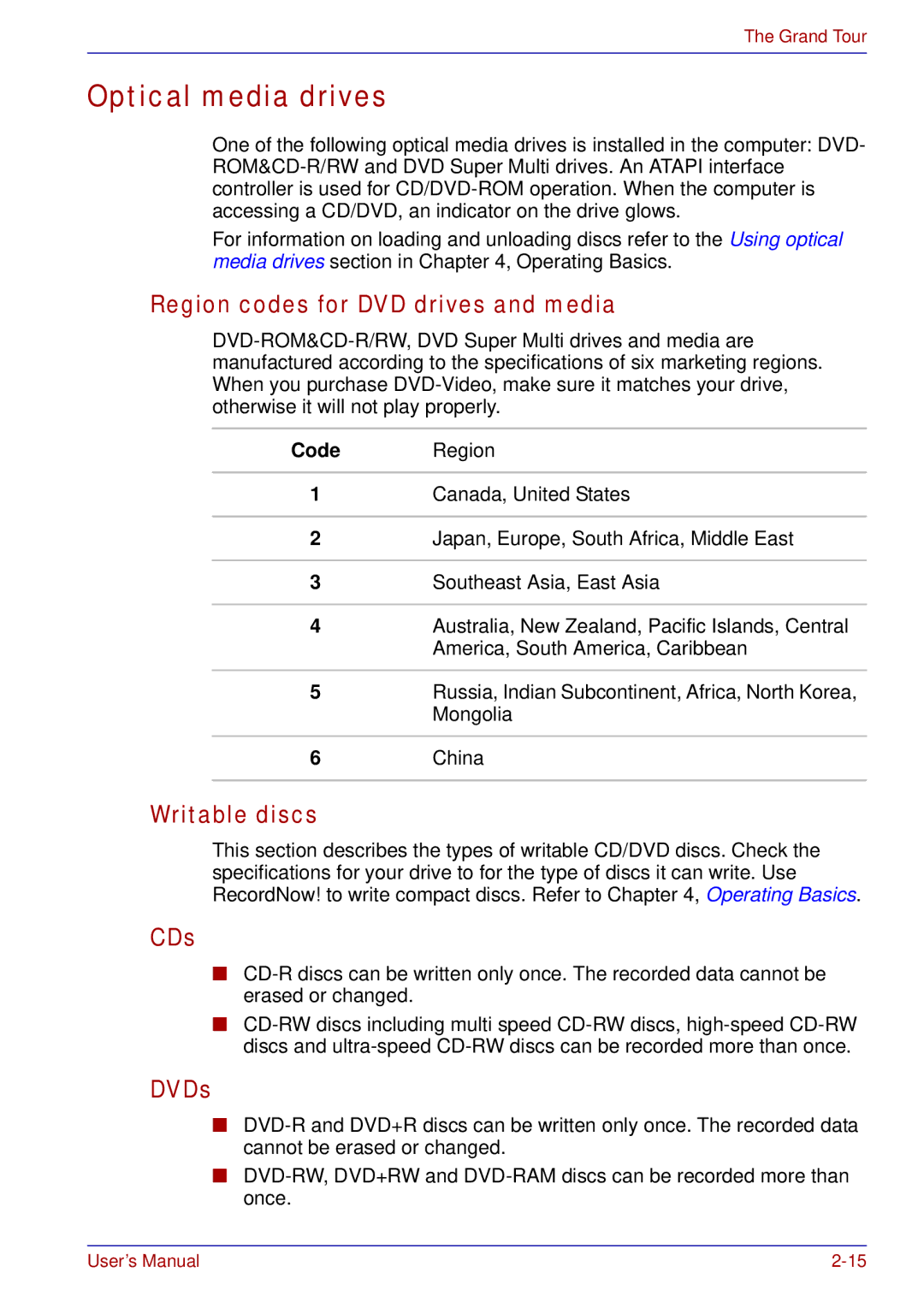 Toshiba tecra s3 manual Optical media drives, Region codes for DVD drives and media, Writable discs, CDs, DVDs 