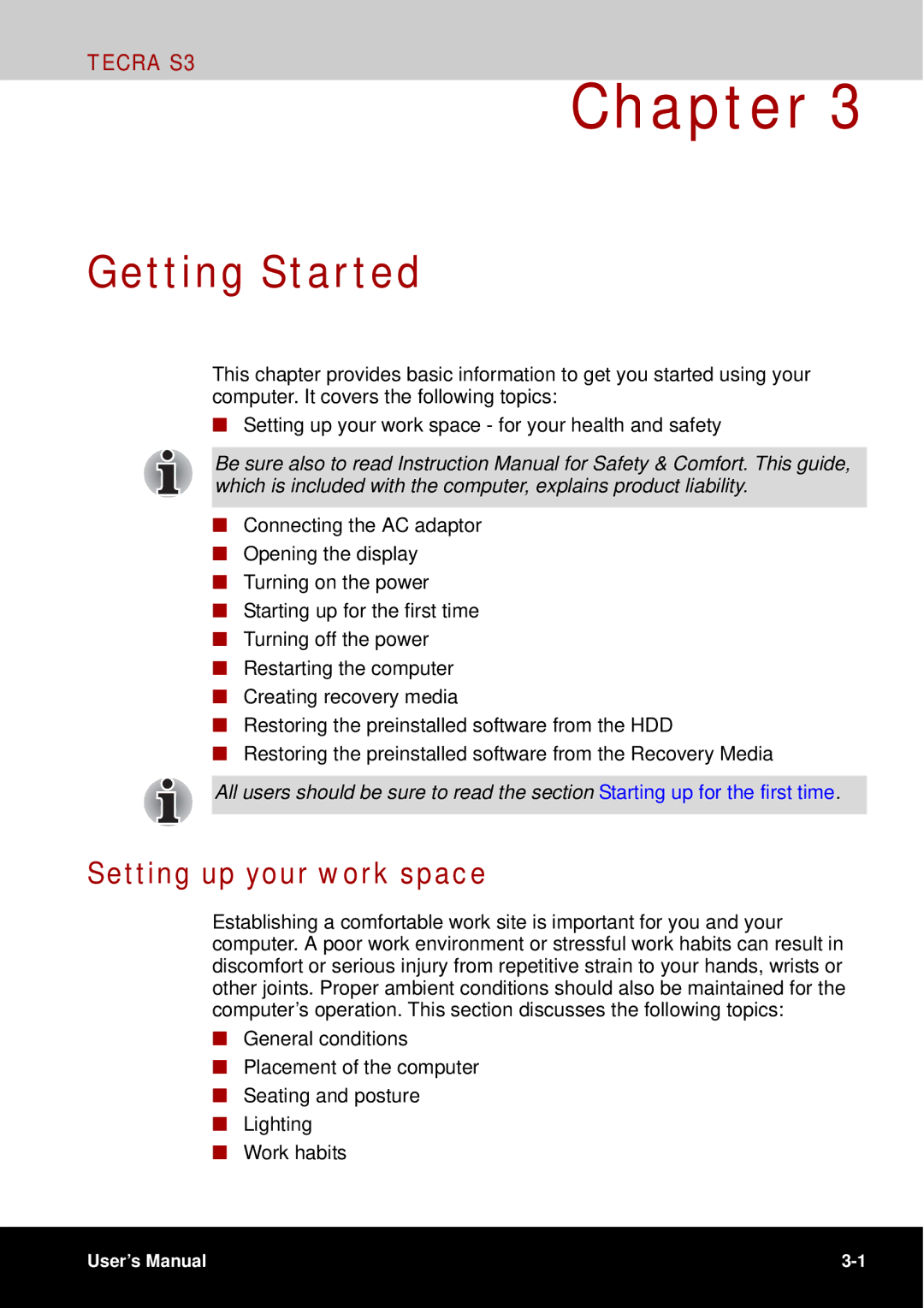 Toshiba tecra s3 manual Getting Started, Setting up your work space 