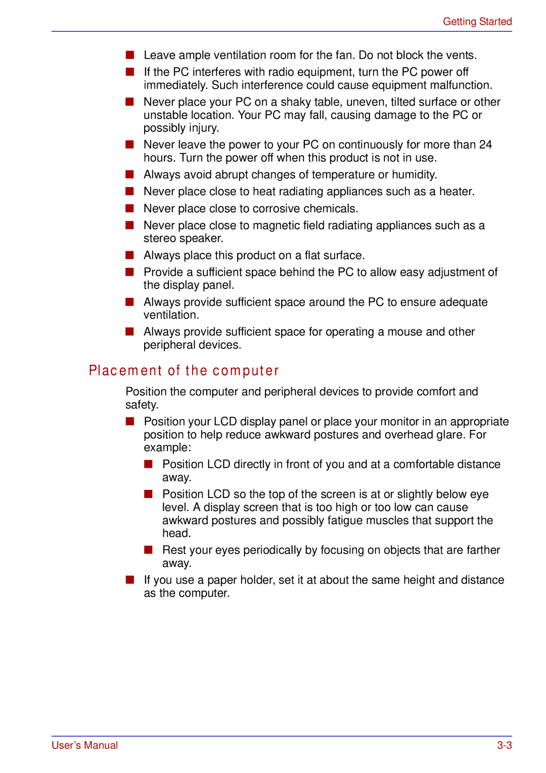 Toshiba tecra s3 manual Placement of the computer 