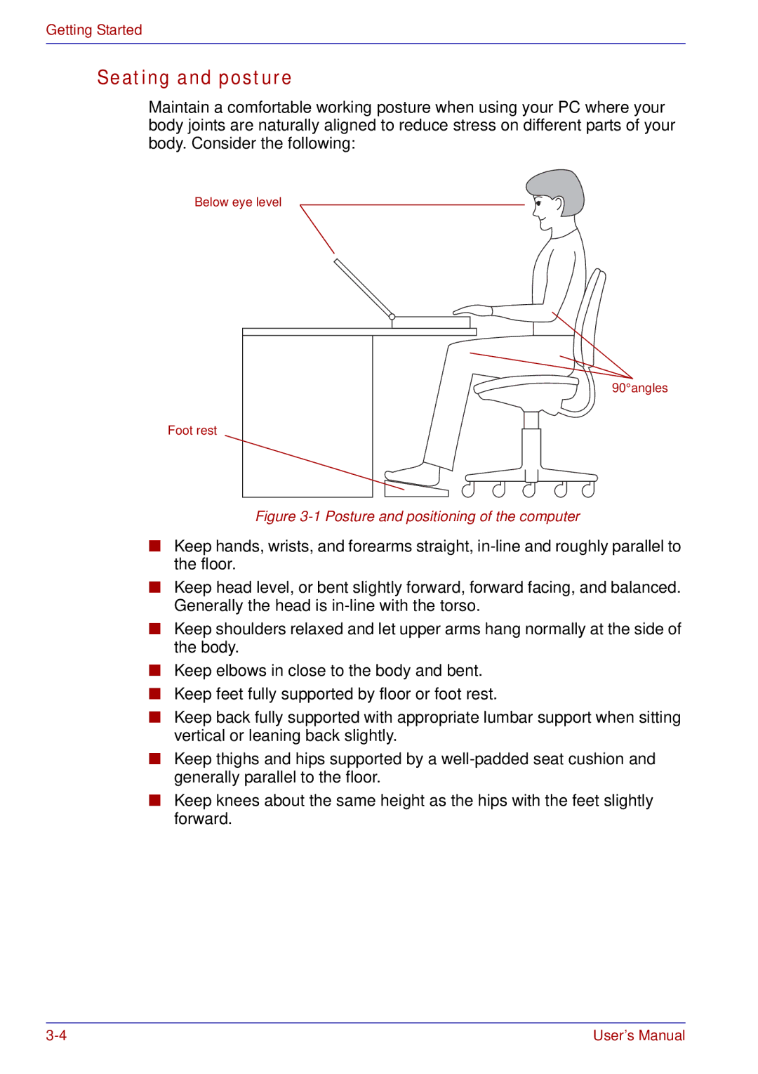 Toshiba tecra s3 manual Seating and posture, Posture and positioning of the computer 