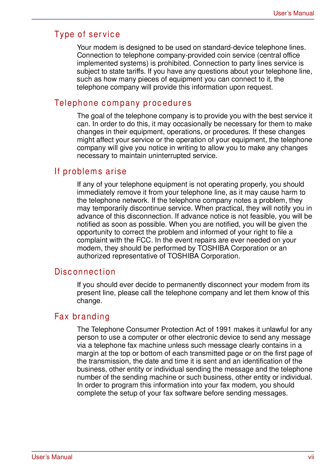 Toshiba tecra s3 manual Type of service, Telephone company procedures, If problems arise, Disconnection, Fax branding 