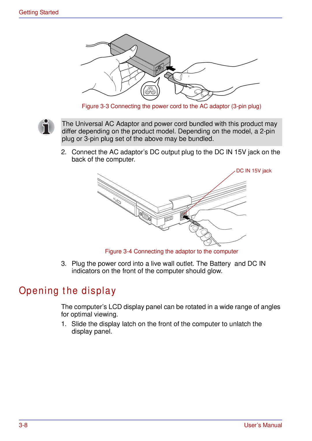 Toshiba tecra s3 manual Opening the display, Connecting the power cord to the AC adaptor 3-pin plug 