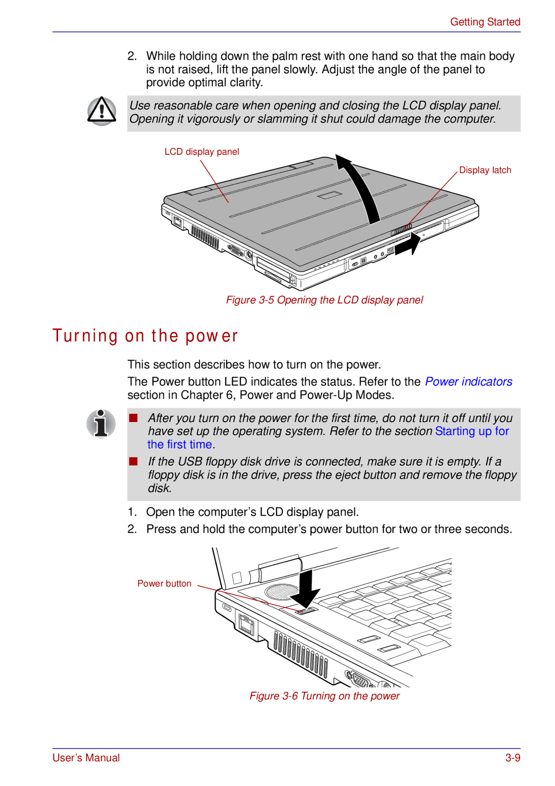 Toshiba tecra s3 manual Turning on the power, Opening the LCD display panel 