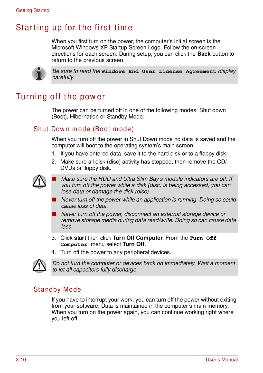 Toshiba tecra s3 manual Starting up for the first time, Turning off the power, Shut Down mode Boot mode, Standby Mode 