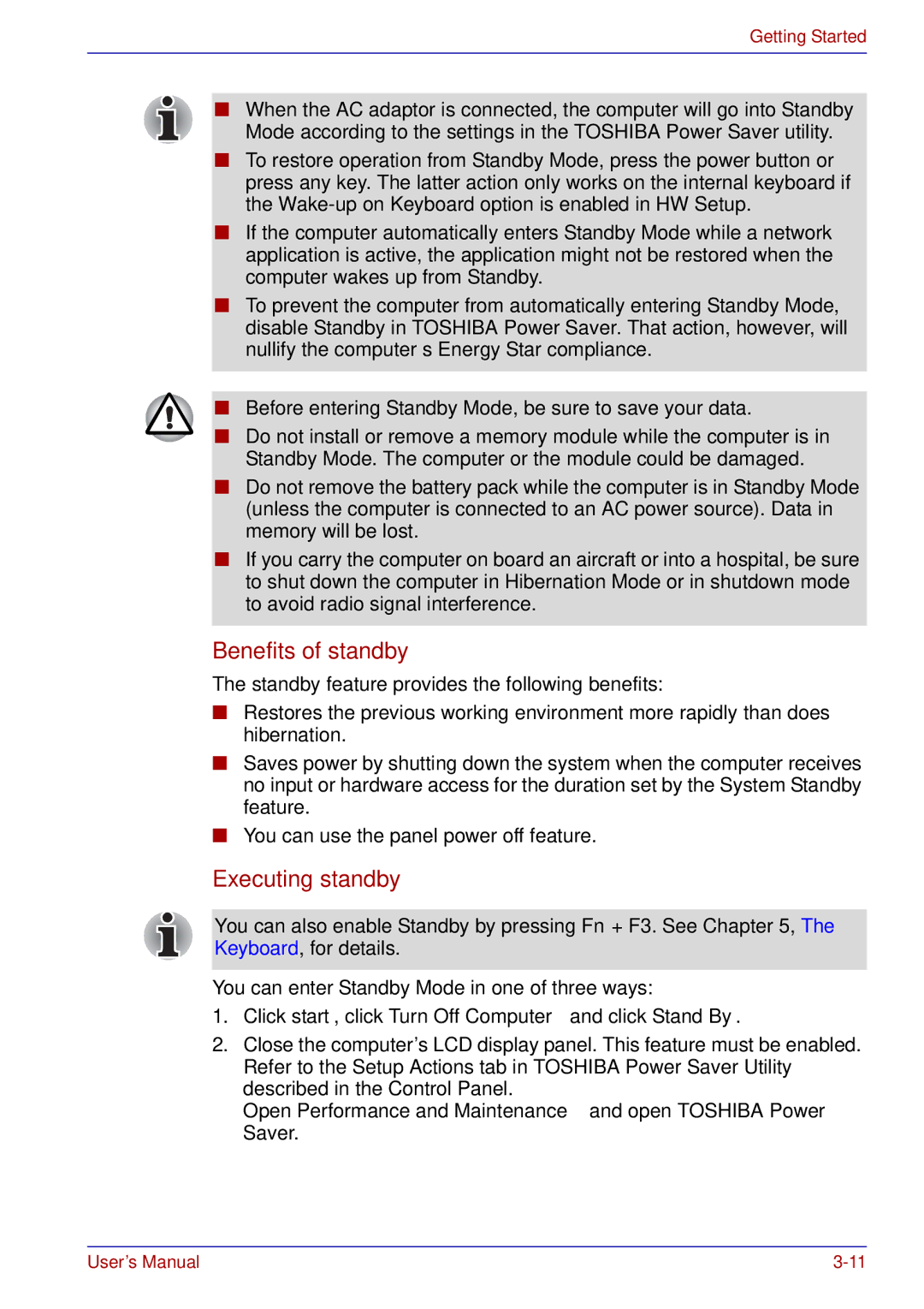 Toshiba tecra s3 manual Benefits of standby, Executing standby, Click start, click Turn Off Computer and click Stand By 