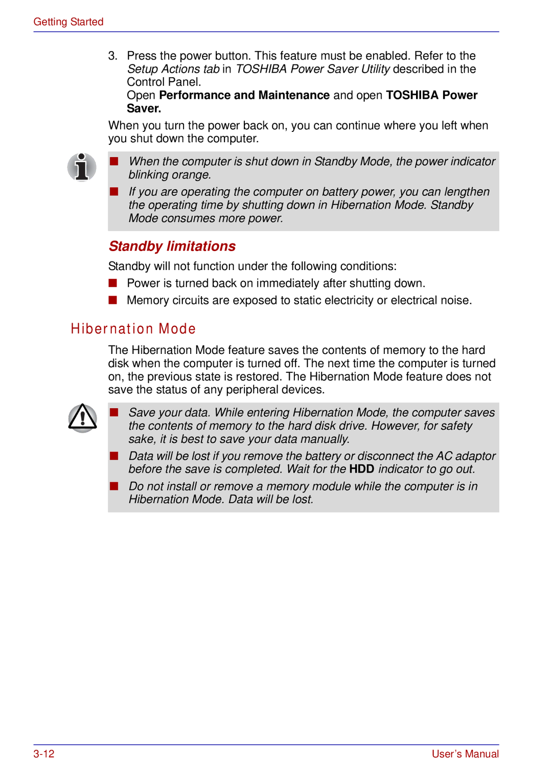 Toshiba tecra s3 manual Hibernation Mode, Standby limitations 