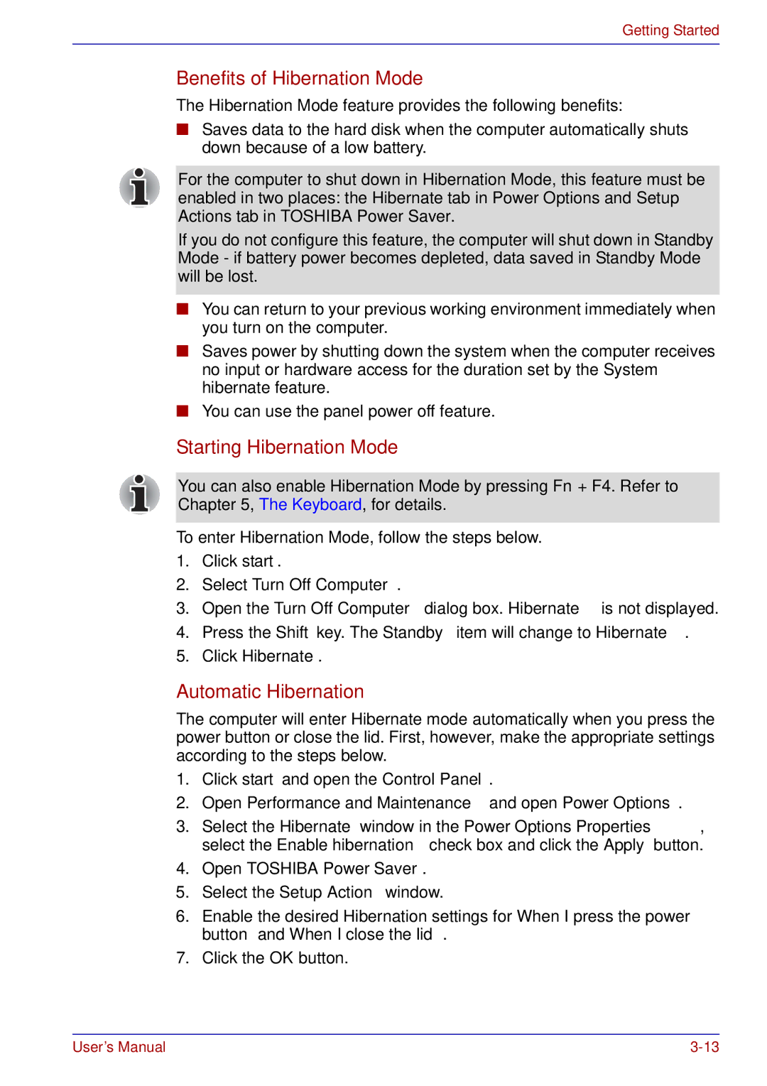 Toshiba tecra s3 manual Benefits of Hibernation Mode, Starting Hibernation Mode, Automatic Hibernation 