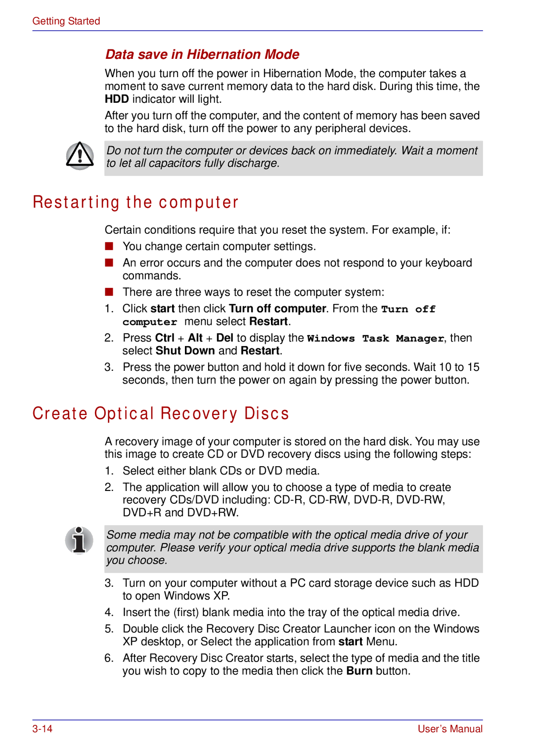 Toshiba tecra s3 manual Restarting the computer, Create Optical Recovery Discs, Data save in Hibernation Mode 