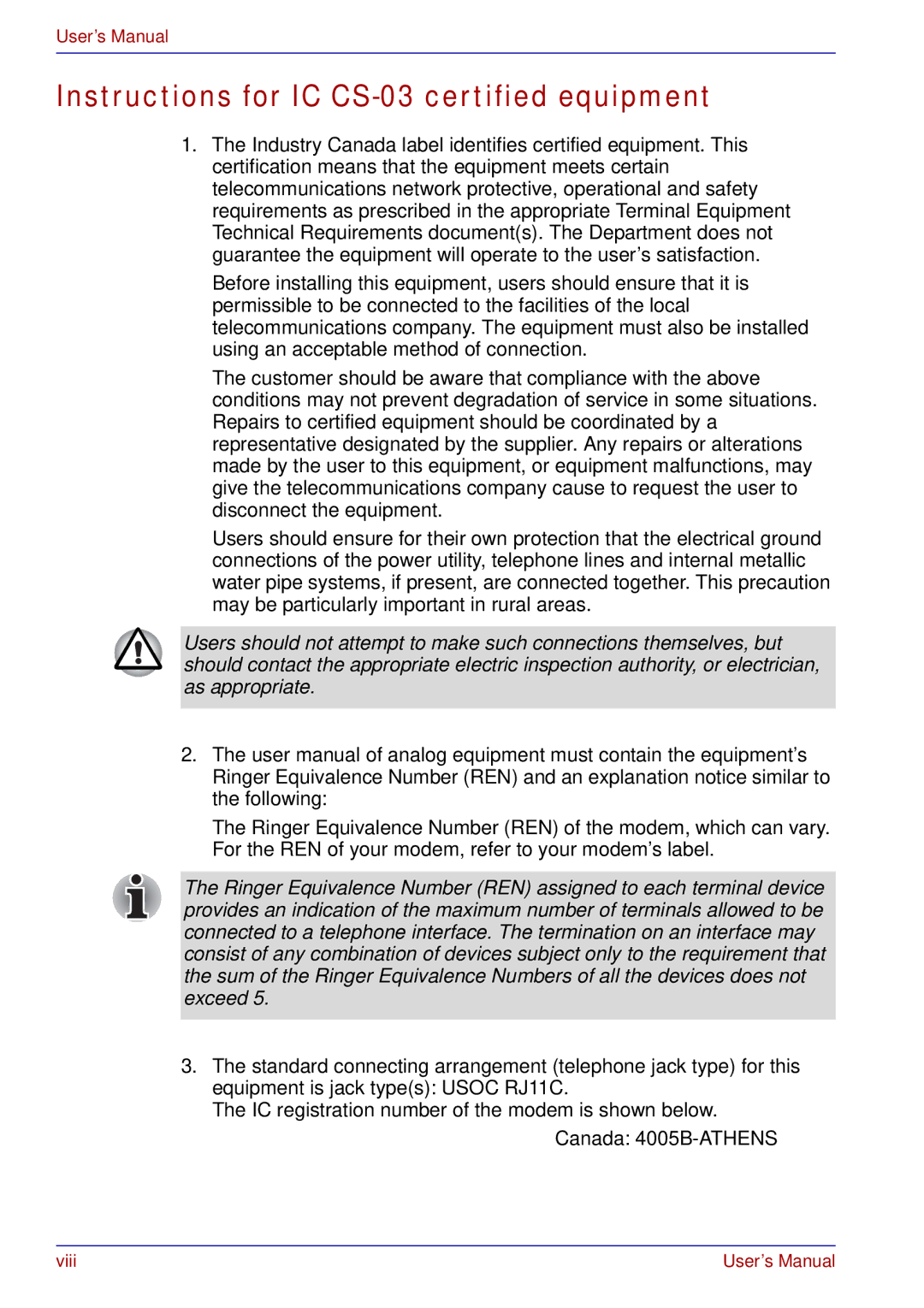 Toshiba tecra s3 manual Instructions for IC CS-03 certified equipment 