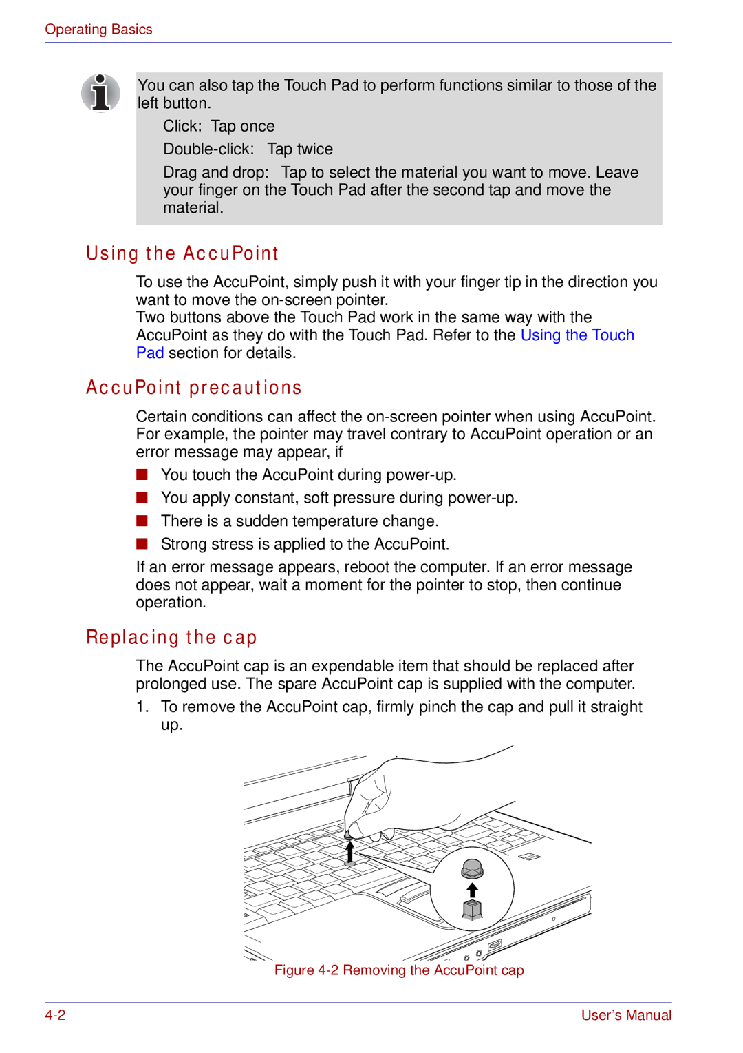 Toshiba tecra s3 manual Using the AccuPoint, AccuPoint precautions, Replacing the cap, Double-click Tap twice 